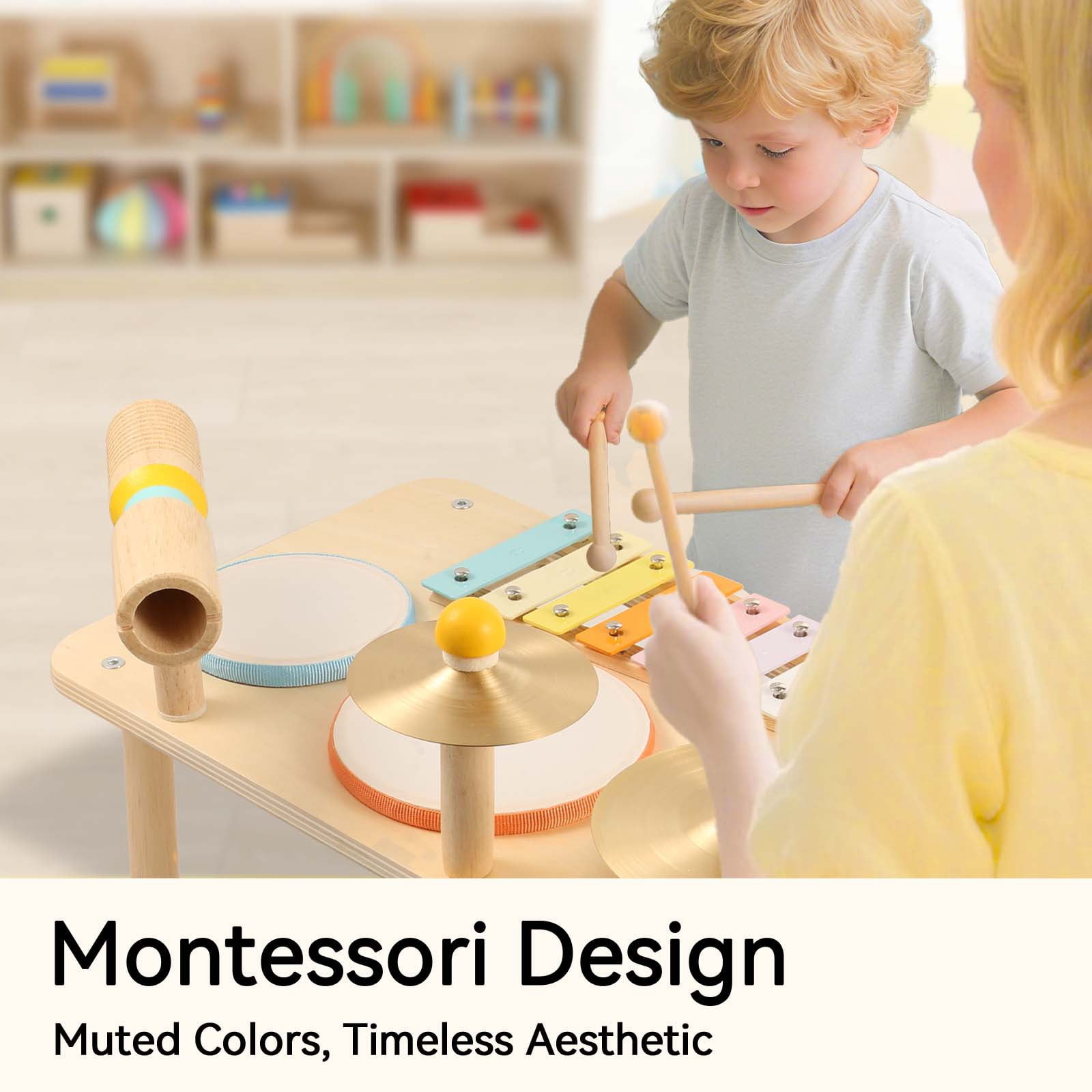 OATHX Kids Drum Set, Montessori Musical Instruments for Toddlers, Wooden Percussion Toy Kit (Multicolor, 10-Piece Set) jcjin