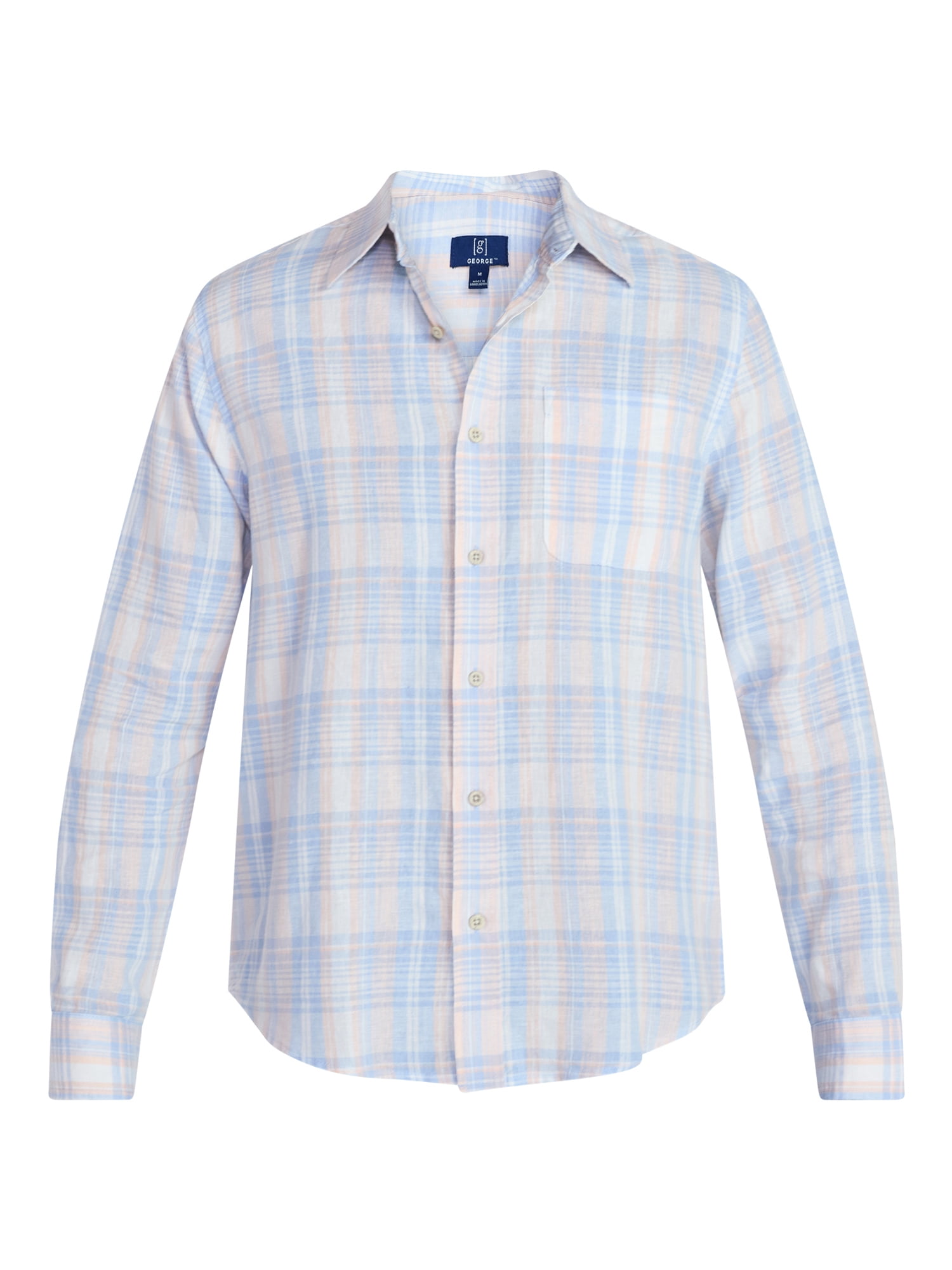 George Men's Linen Blend Long Sleeve Button Up Shirt (Blue, S) pbosy