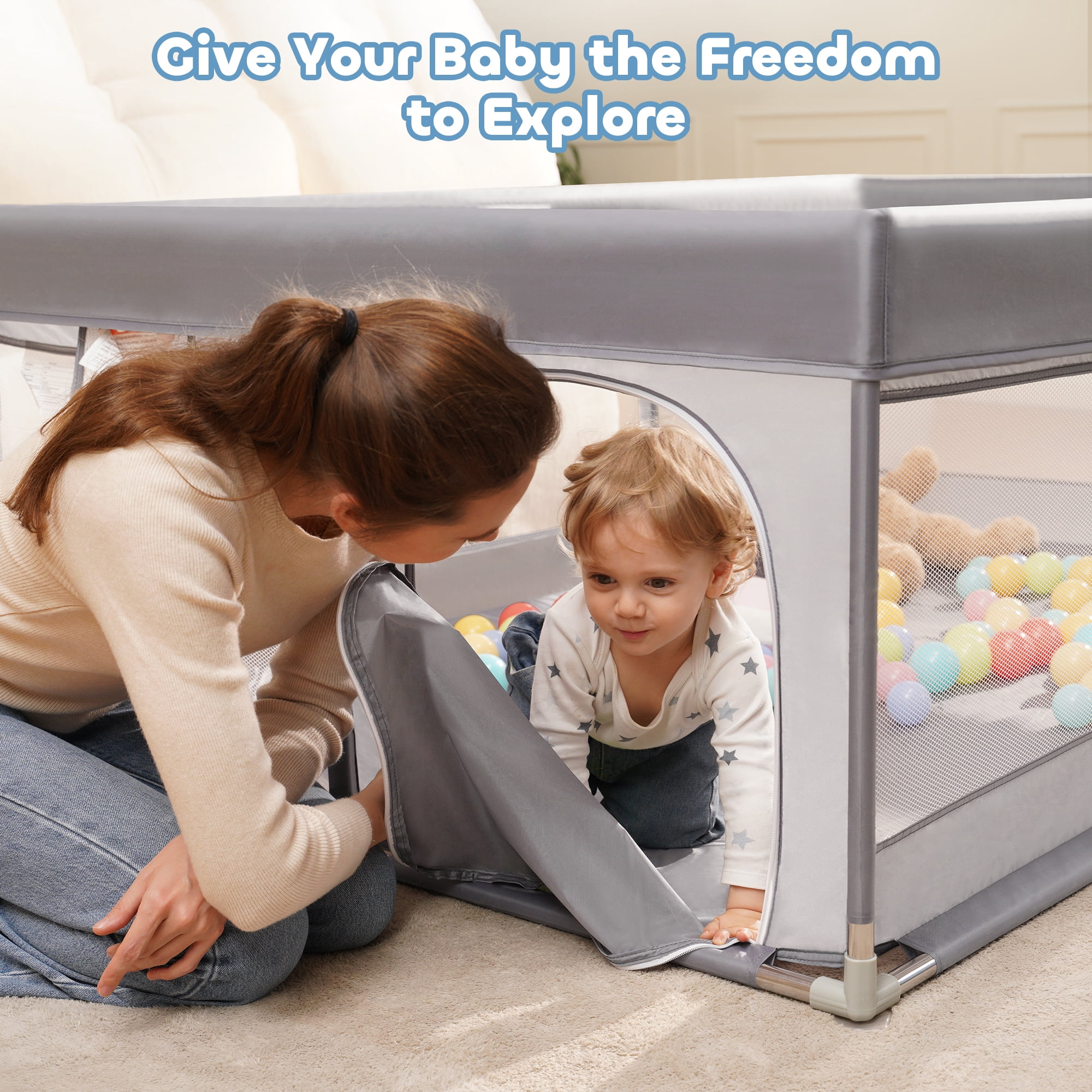 Babyeap Baby Playpen Large Safety Play Yard for Toddlers (Gray, 50 in x 50 in x 27 in) c4wje