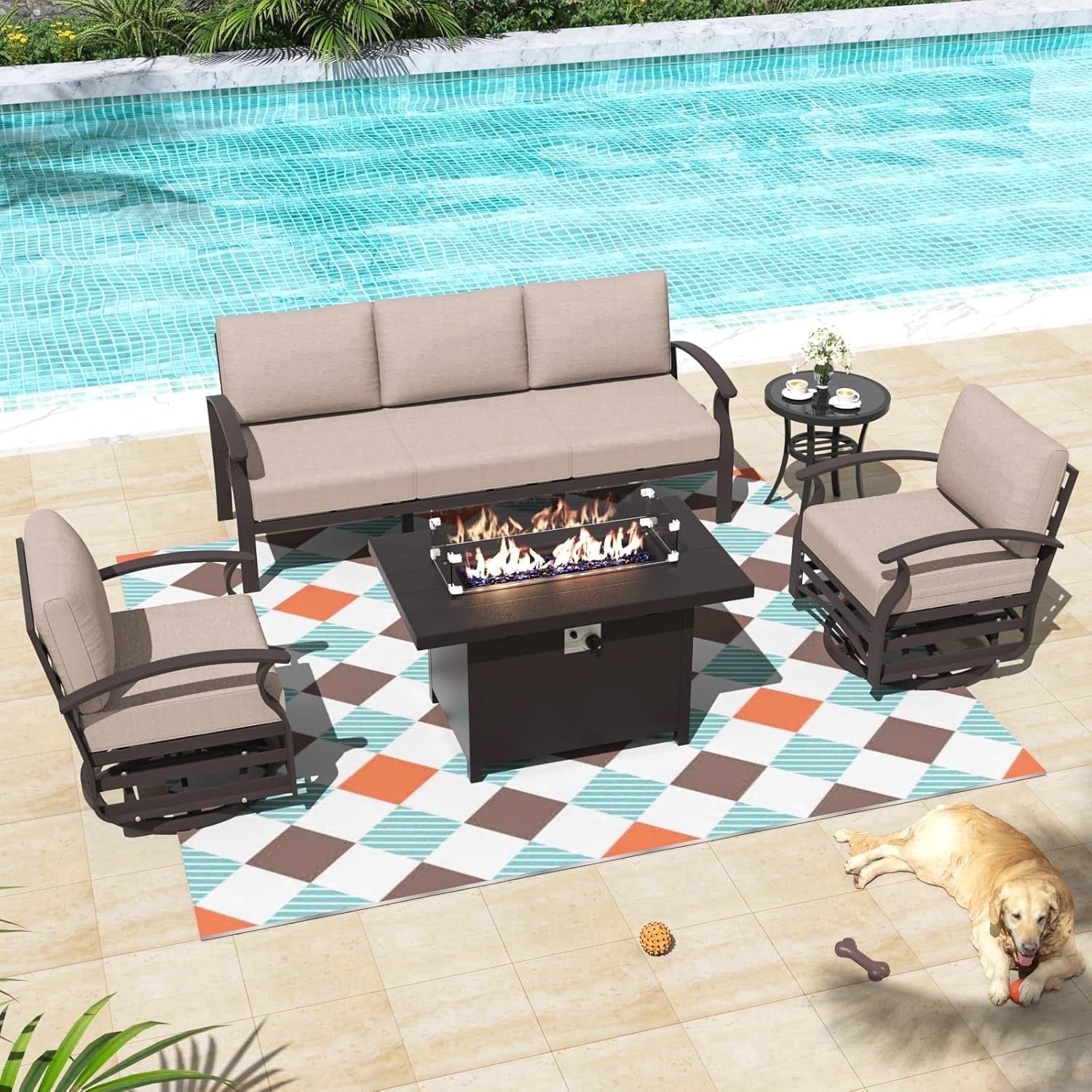 ALAULM 5-Piece Aluminum Patio Furniture Set with Propane Fire Pit Table (Black, 5-Seat) 1f74u