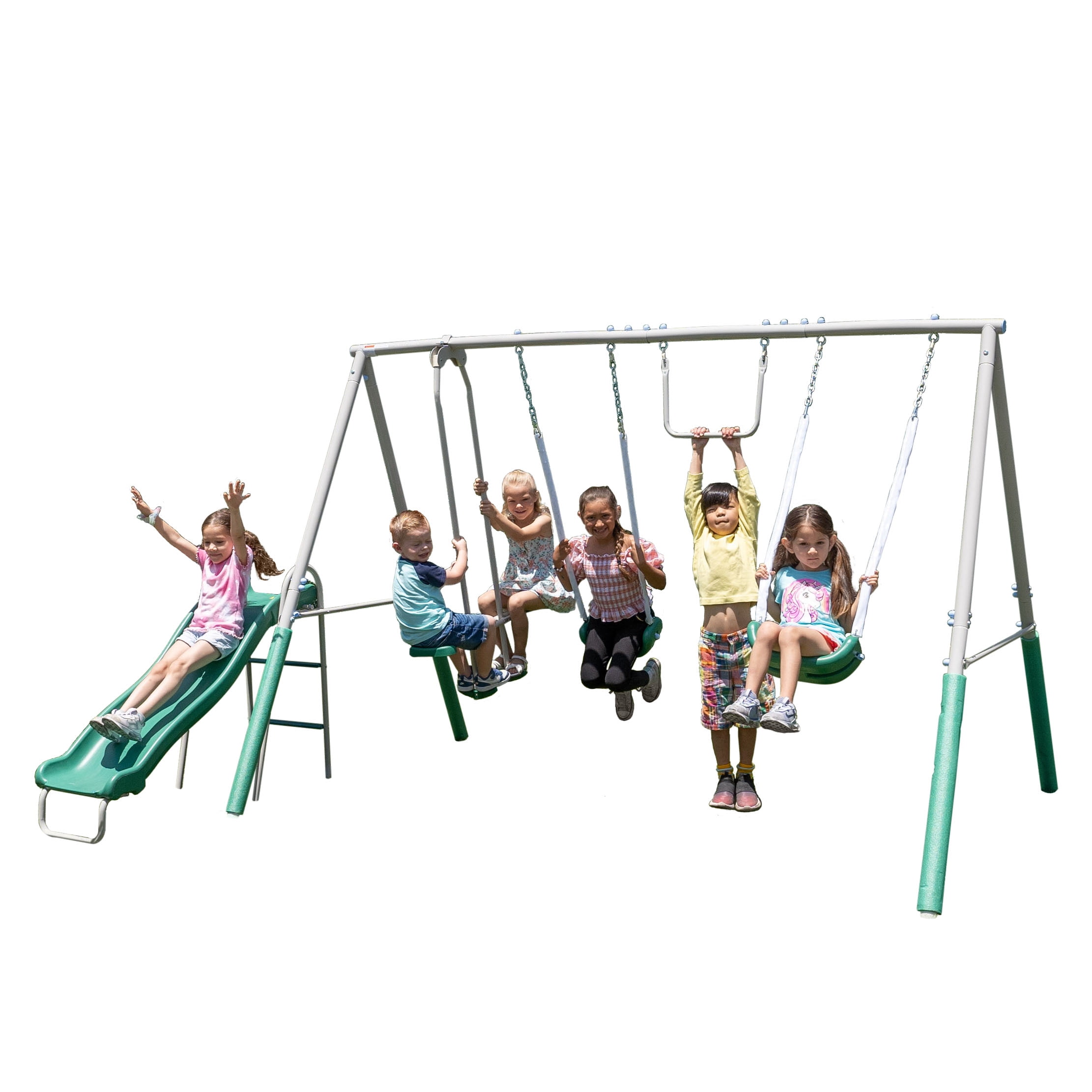 The Swing Company Yonkers Metal Swing Set with Glide Ride Trapeze Bar and 5 ft Slide (Green, 133.2 in L x 99.6 in W x 73.2 in H) bx4vy