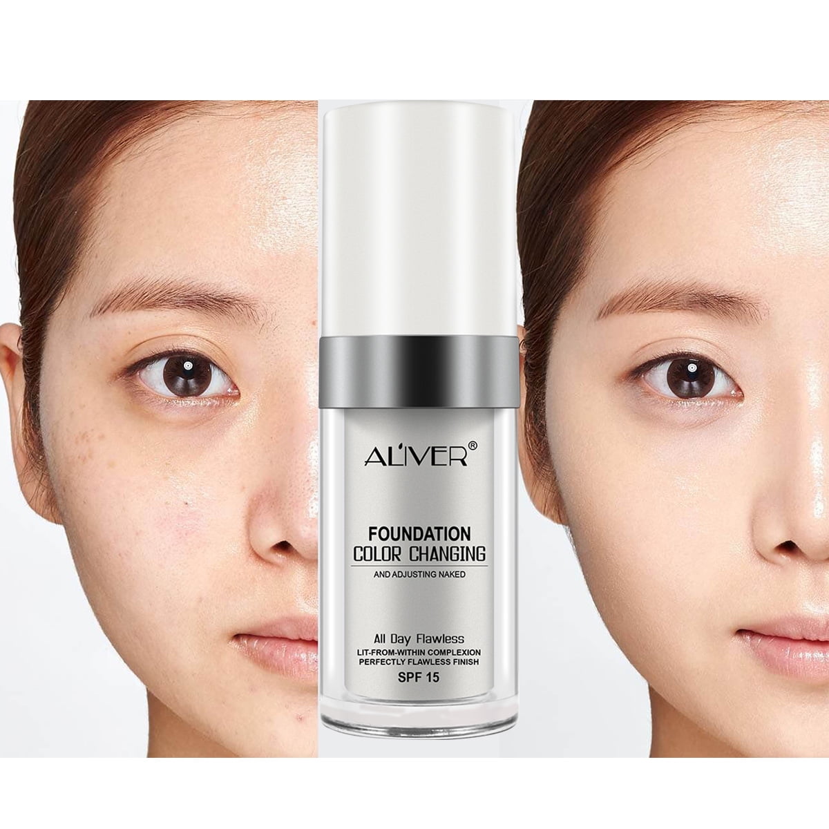 ALIVER Color Changing Liquid Foundation with Makeup Brush (Warm Skin Tone, 1.0 fl oz) g2eh7