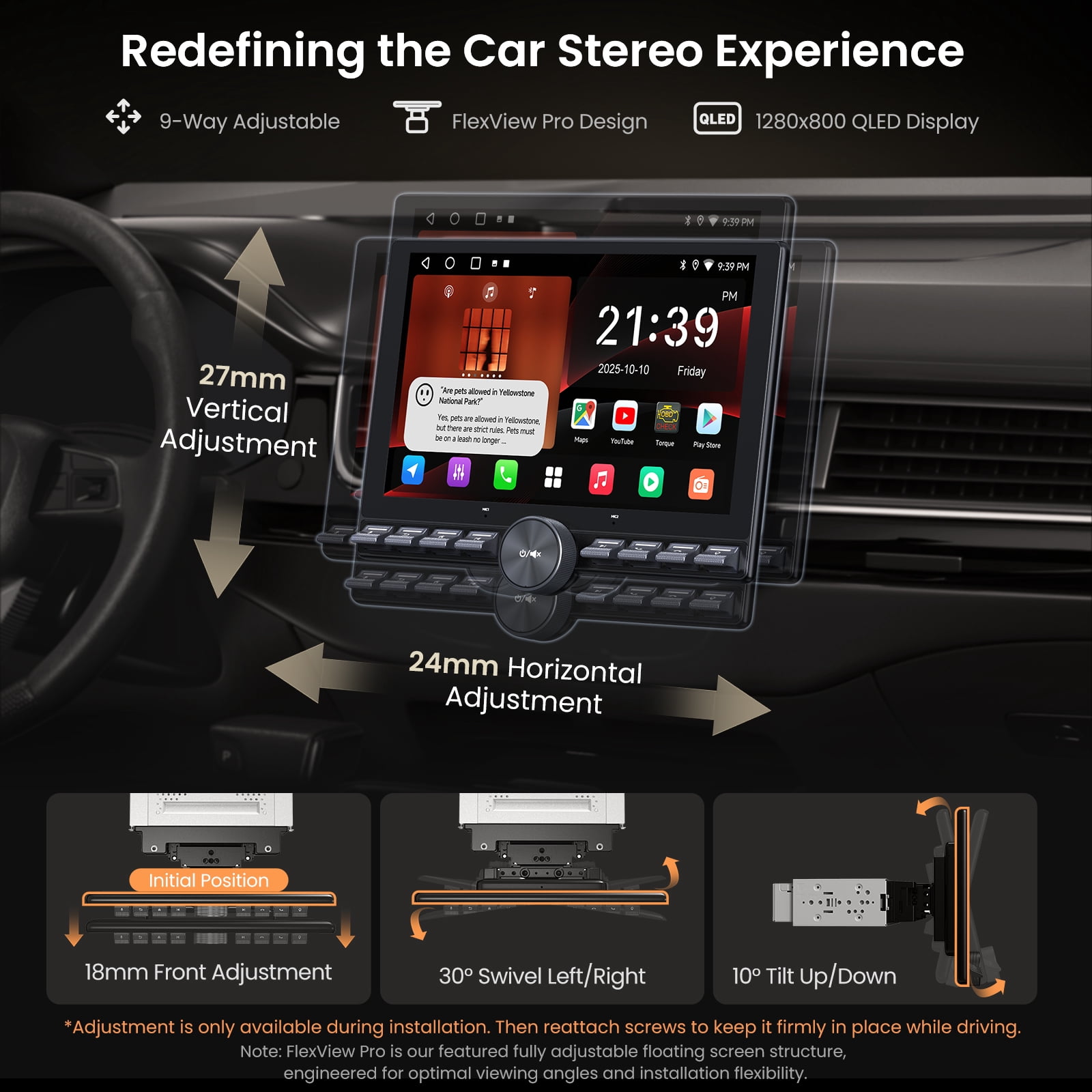 ATOTO 10.1 in QLED Floating Touchscreen Car Stereo, Wireless Apple CarPlay & Android Auto, Single/Double Din Head Unit (Black, 10.1 in) i9hbg