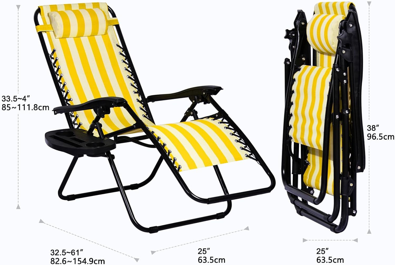 Nazhura Zero Gravity Reclining Patio Chairs with Cup Holder and Pillow (Yellow Stripe, Set of 2) 0gmtf