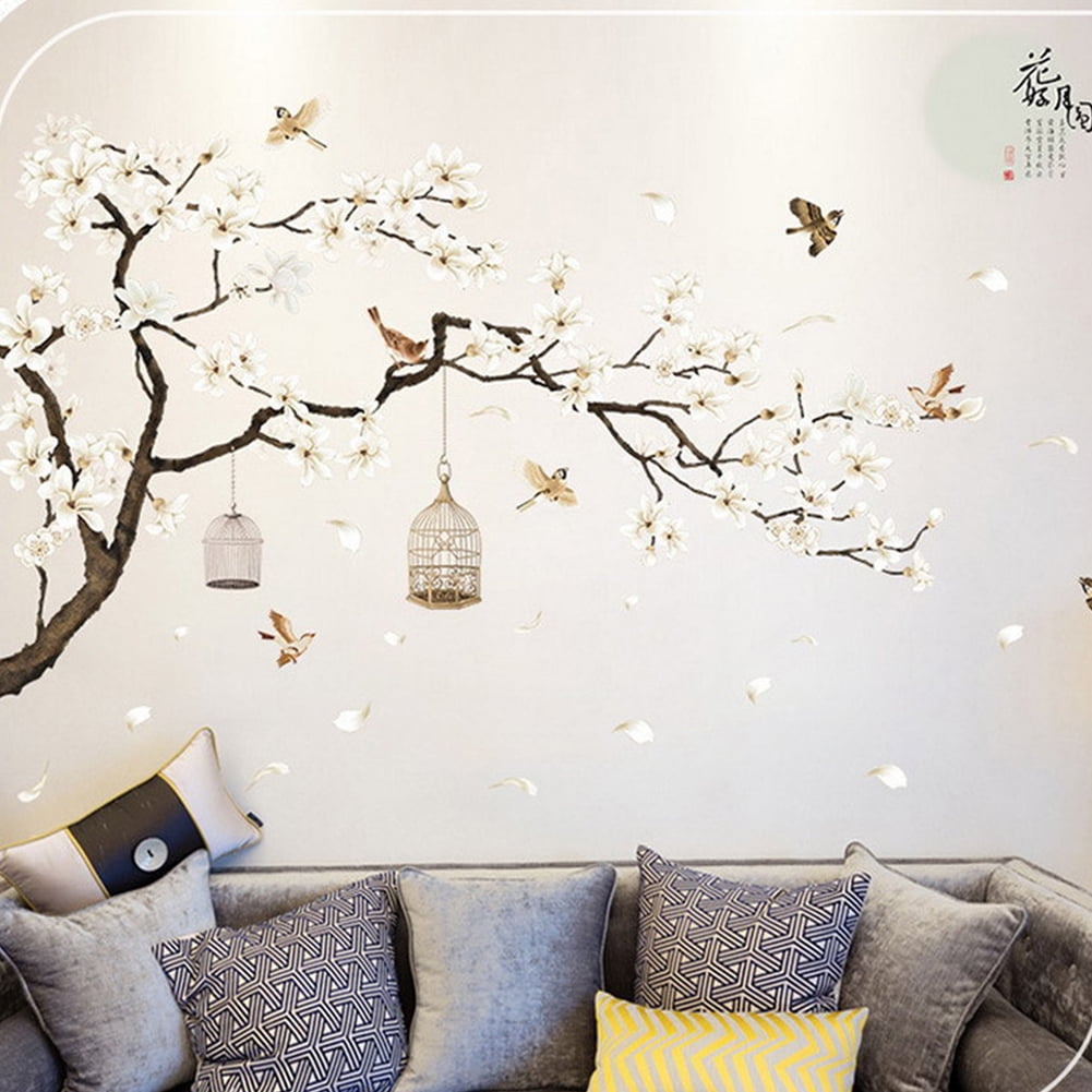 AKDSteel Large Tree Wall Decals with Birds and Flowers (White, 73.6 in x 50.4 in) 81vgn