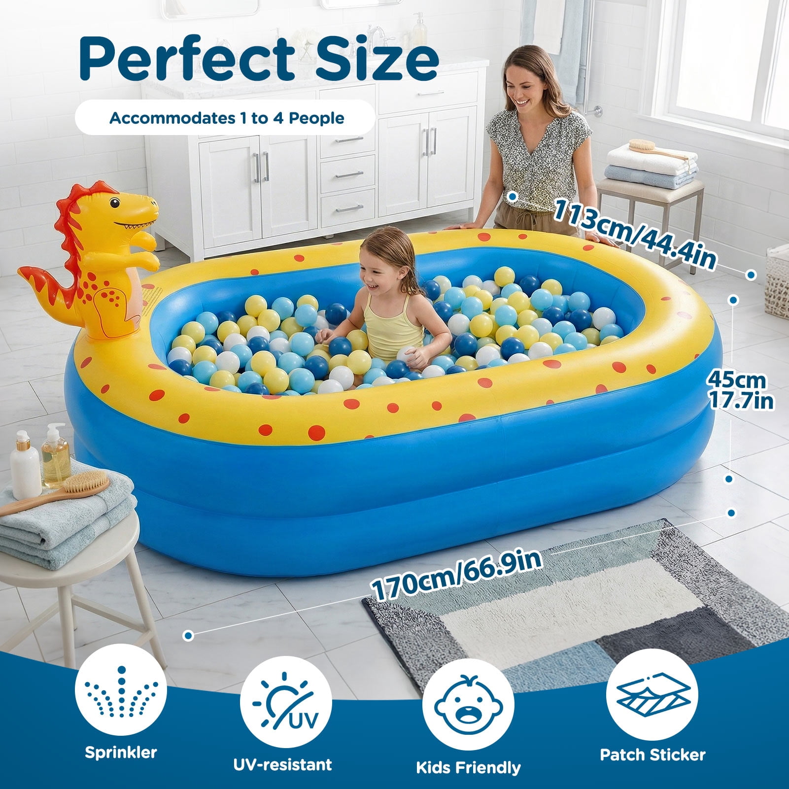 Livhil Dinosaur Inflatable Kiddie Pool with Sprinkler for Outdoor Summer Water Play (Green, 67 in x 41 in x 32 in) d79h6