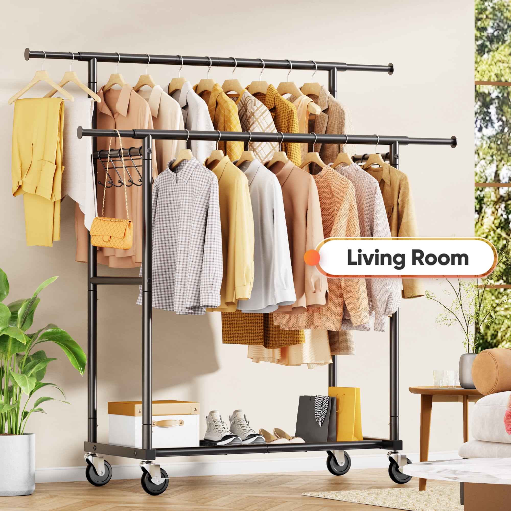 HOKEEPER Heavy Duty Double Rail Garment Rack with Shelves, Adjustable Rolling Clothes Organizer (Black, 450 lb Capacity) 00sgg
