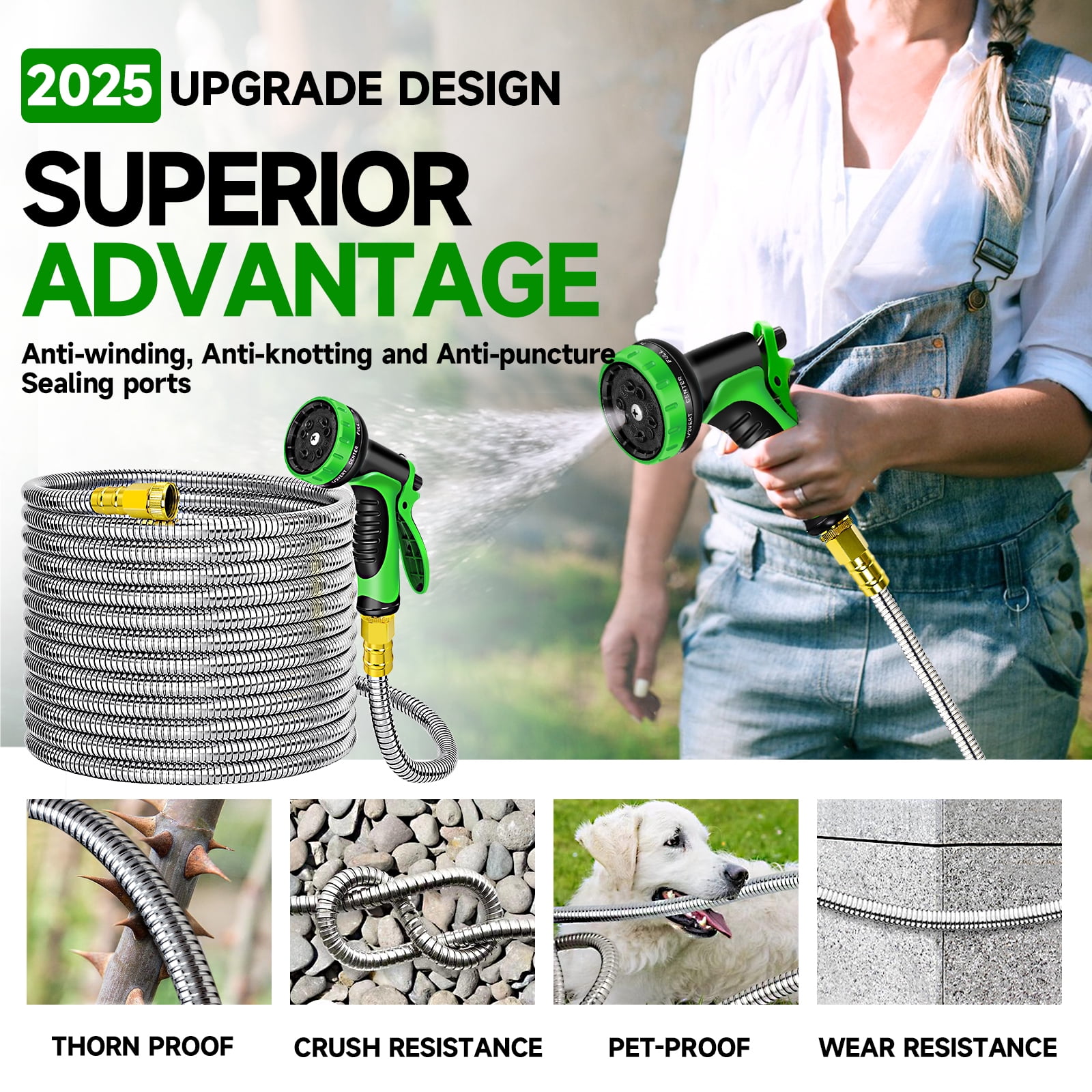LOVFEN Stainless Steel Garden Hose with 9-Function Spray Nozzle (Silver, 25 ft) u6z3o