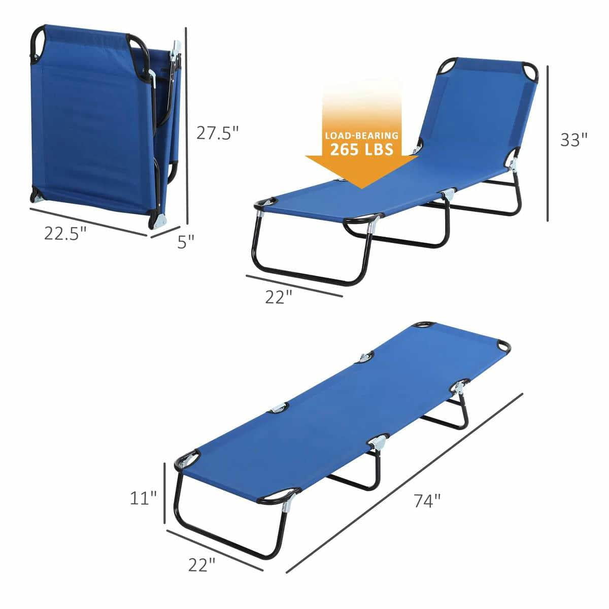Spaco 5-Level Reclining Beach Chair, Folding Outdoor Sun Lounger with Steel Frame (Blue, 1-Pack) 6cizy