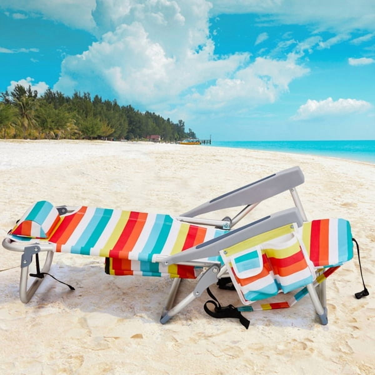 AsterOutdoor Folding Beach Chair with Adjustable Backrest and Cup Holder (Rainbow Stripes, 220 lb Capacity) d2h9m
