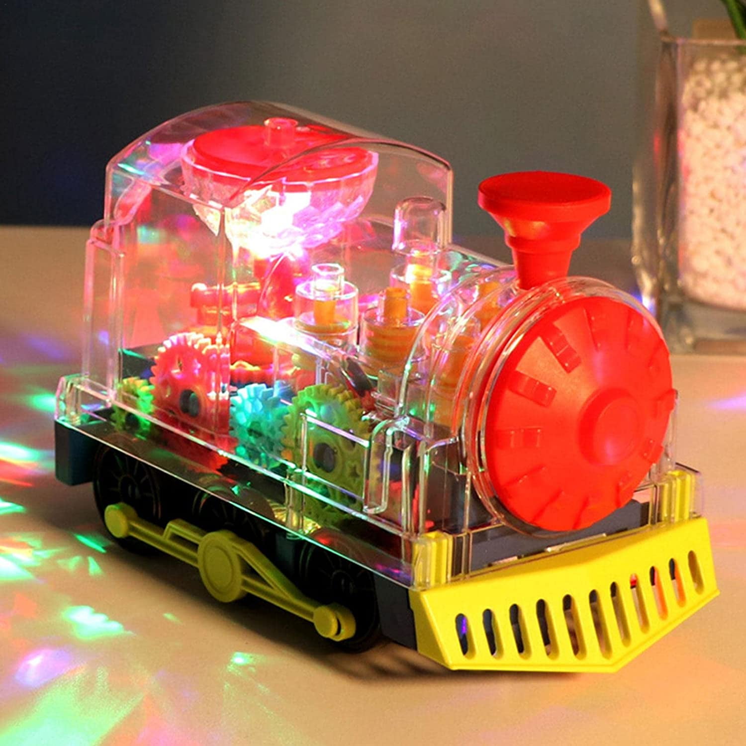 TiokMc Electric Gear Train Toy with Transparent Mechanical Design, Flashing Lights & Music (Clear, 6.7 in x 4.3 in x 3.5 in) tz6g9