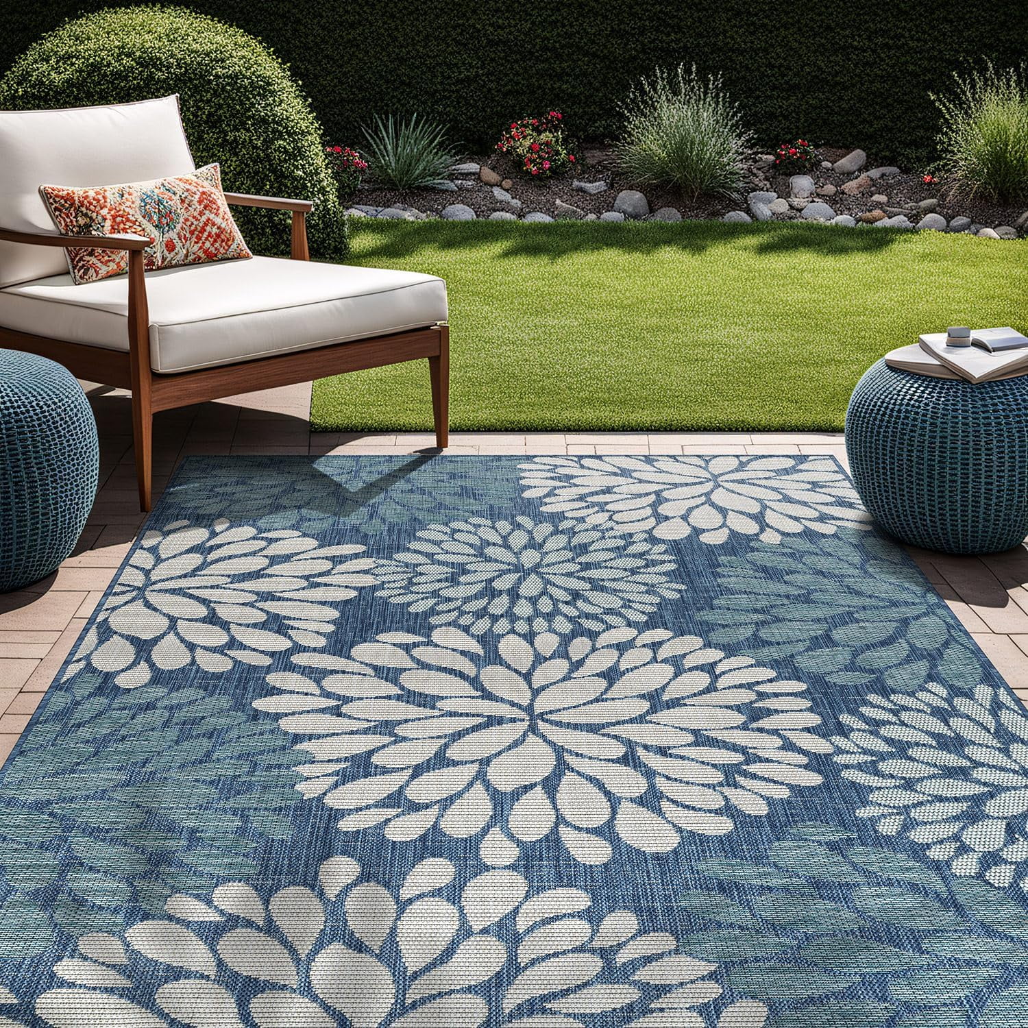 Beverly Rug Modern Floral Indoor Outdoor Area Rug (Blue, 5 ft x 7 ft) zy35d