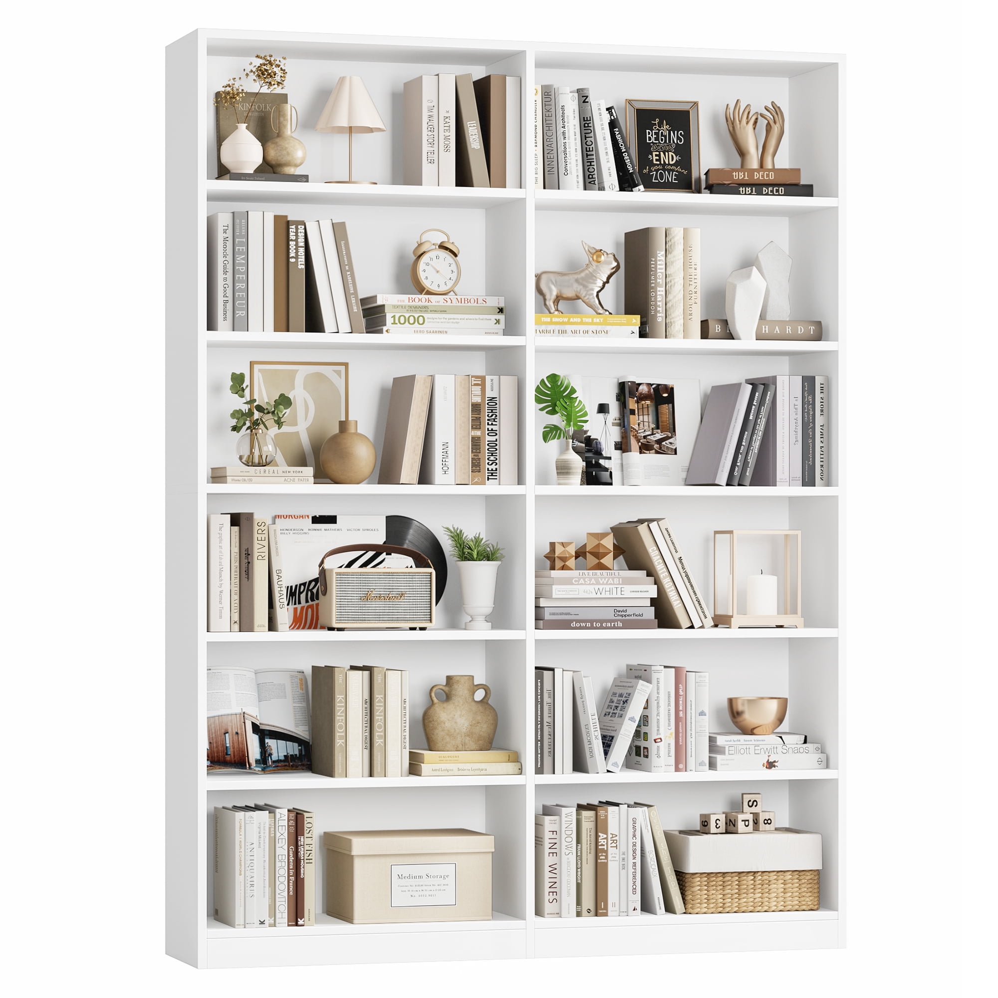Homfa 6-Tier Double Wide Bookshelf, Extra Large Freestanding Display Storage Organizer for Home Office (White, 47.2 in W x 11.8 in D x 74.3 in H) sz3pl