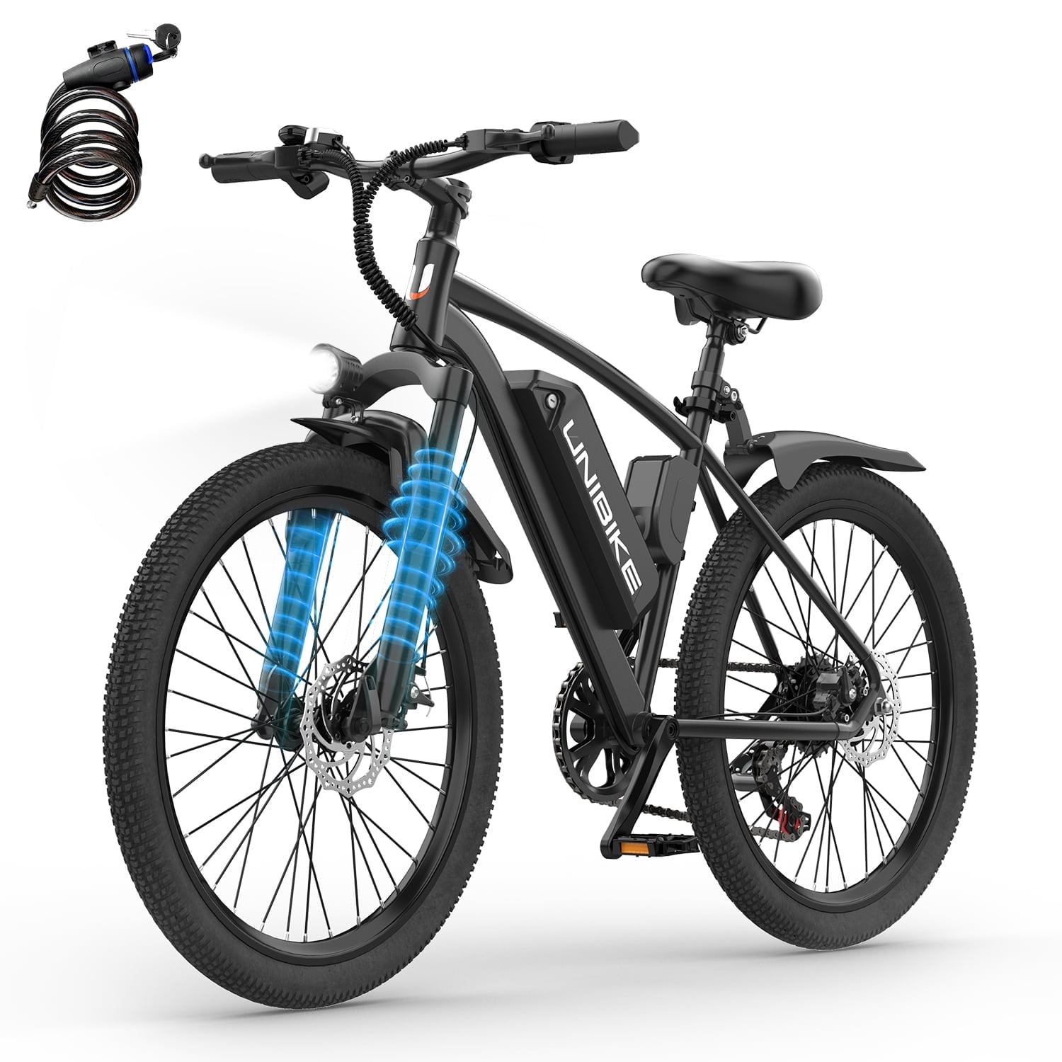 Meriavex 26 in Electric Mountain Bike, 748W Motor, 22 MPH Max Speed, 7-Speed, Removable Battery (Black, 26 in) f7xmj