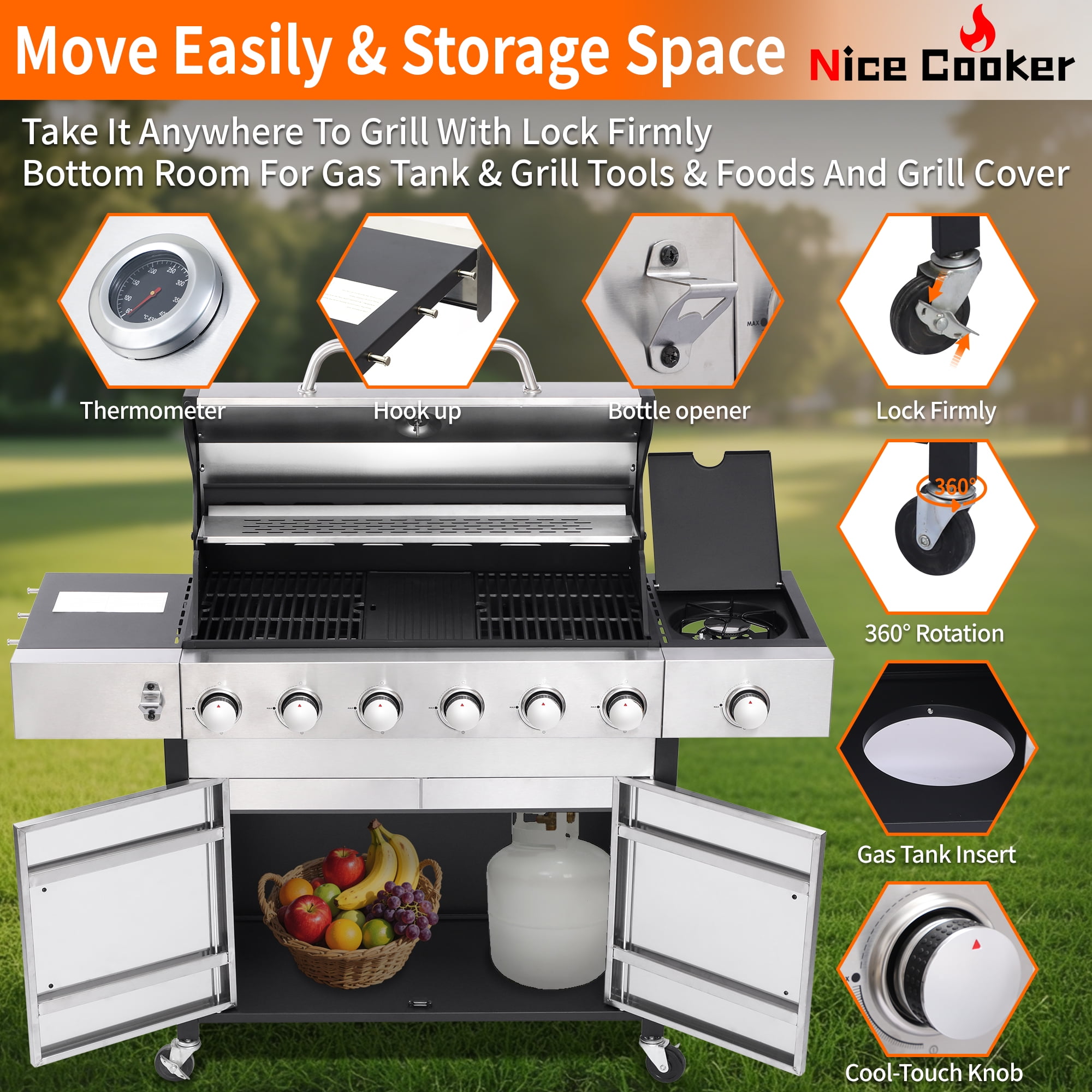 Nice Coker 6-Burner Propane Gas BBQ Grill with Side Burner (Silver, 620 sq. in.) a901x