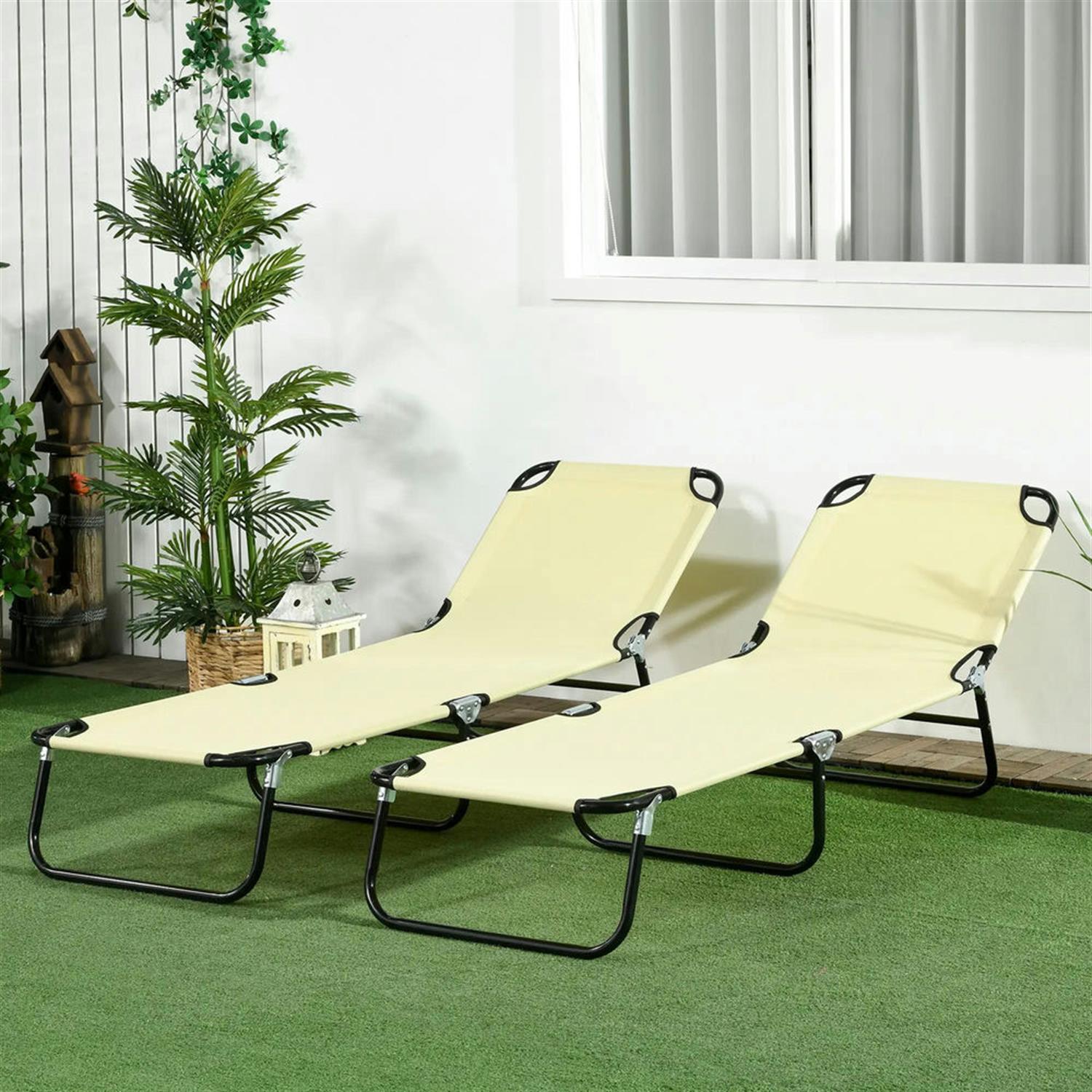 Demi Bonn 2-Piece Outdoor Collapsible Chaise Loungers, 5-Position Reclining Folding Beach Chairs with Steel Frame (Beige, 2-Pack) sducn