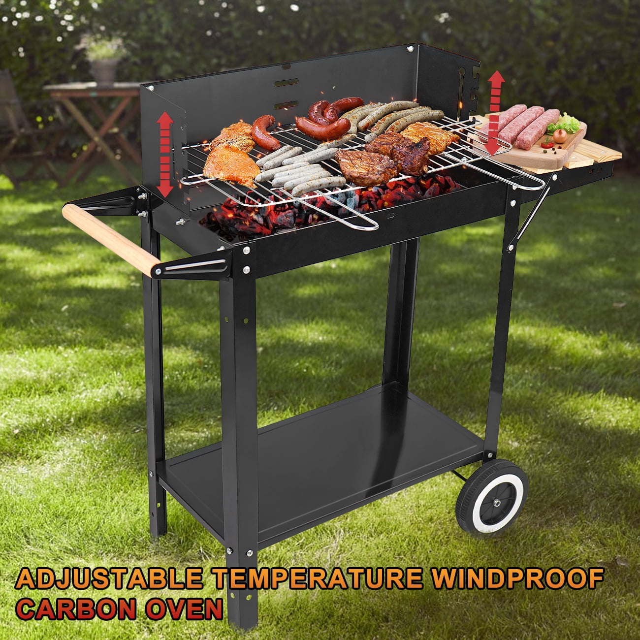 Linsen-outdoors Stainless Steel Charcoal Grill with Wheels, Portable Outdoor BBQ Grill for Backyard and Patio (Black, 30 in x 18 in) hktfj
