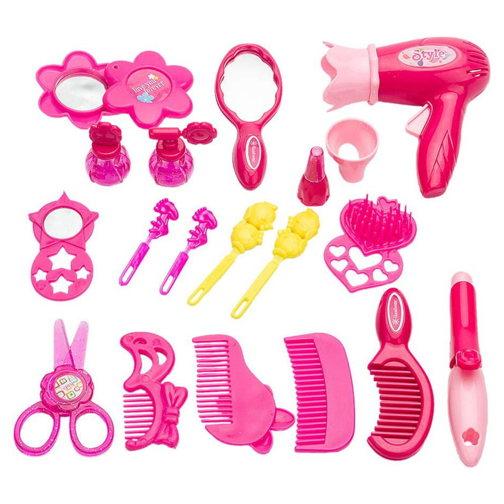 Somnr Kids Beauty Salon Pretend Play Makeup Kit with Carrying Case and Styling Accessories (Pink, 17pcs) 05fh7