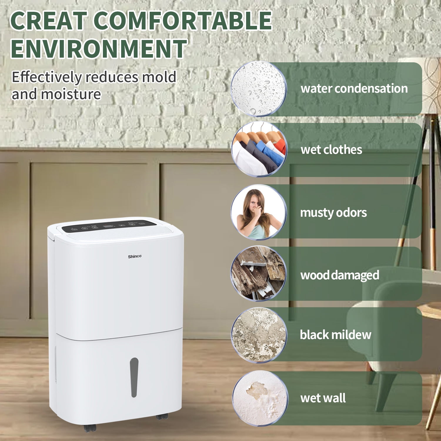 Shinco Energy Star Dehumidifier with WiFi for Large Rooms and Basements (White, 1.32 Gallons) s67hx