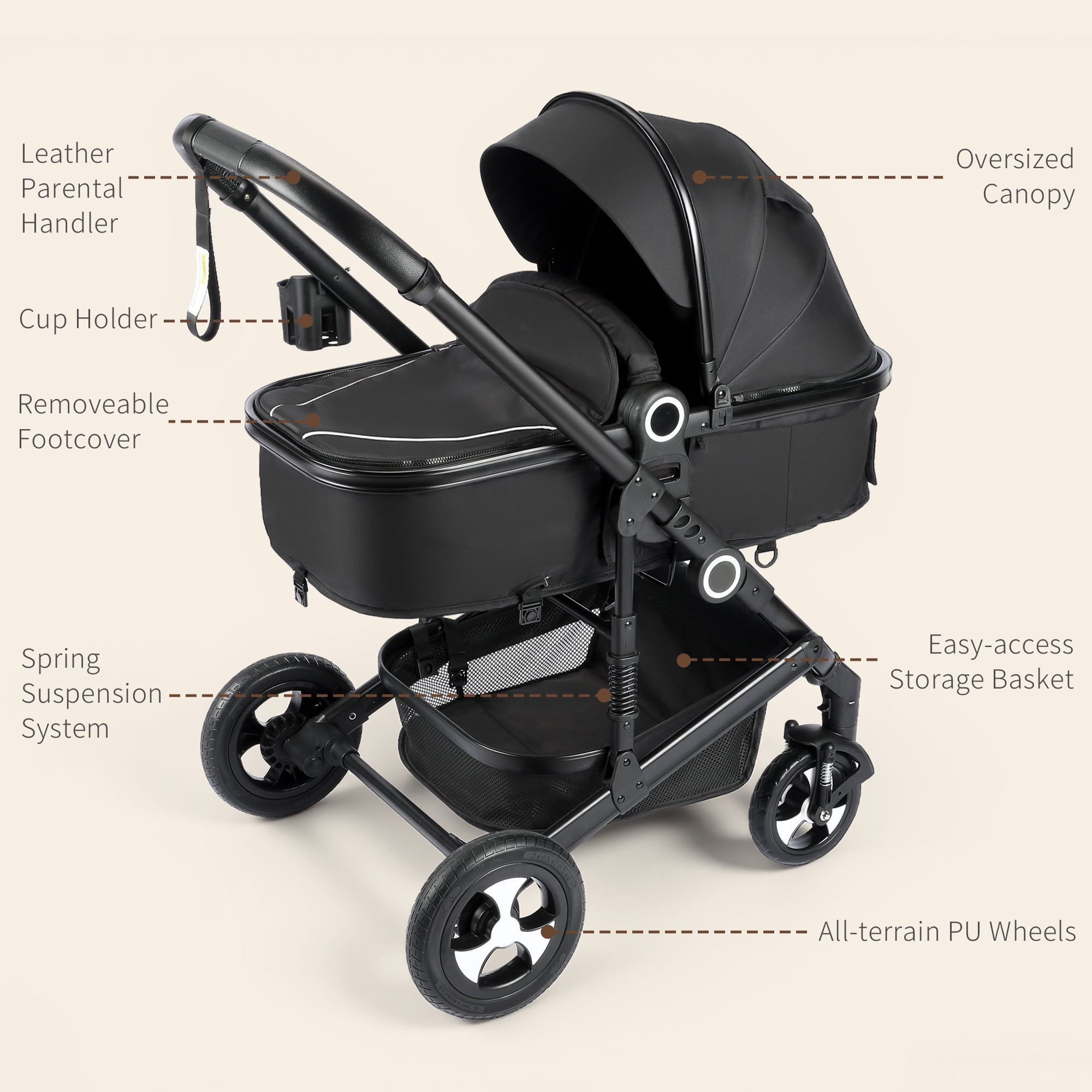 AILEEKISS 3-in-1 Convertible Baby Stroller, Reversible Seat with Adjustable Canopy (Black, 24 lb) z5il0