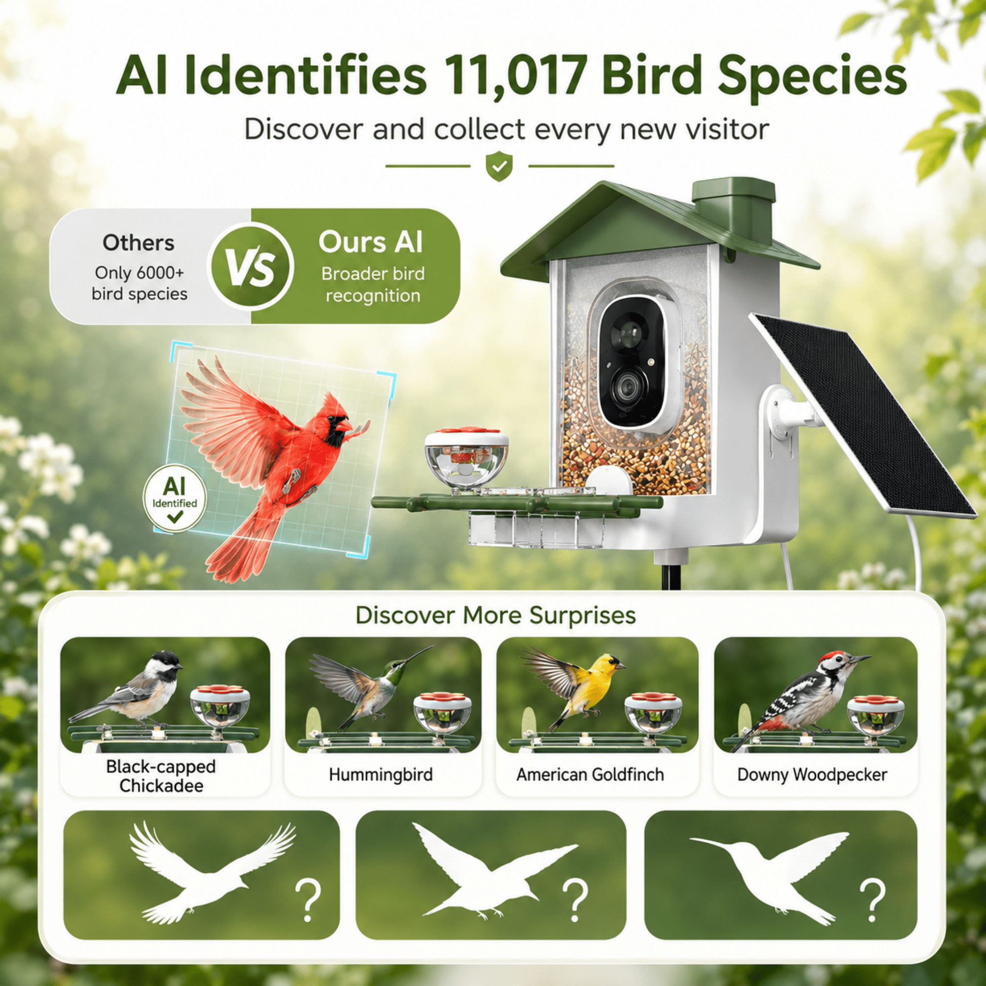 Mehoom Smart Bird Feeder with Camera, 3K HD AI Bird Recognition, Solar Powered Outdoor Wildlife Camera (Green) 2k1ye