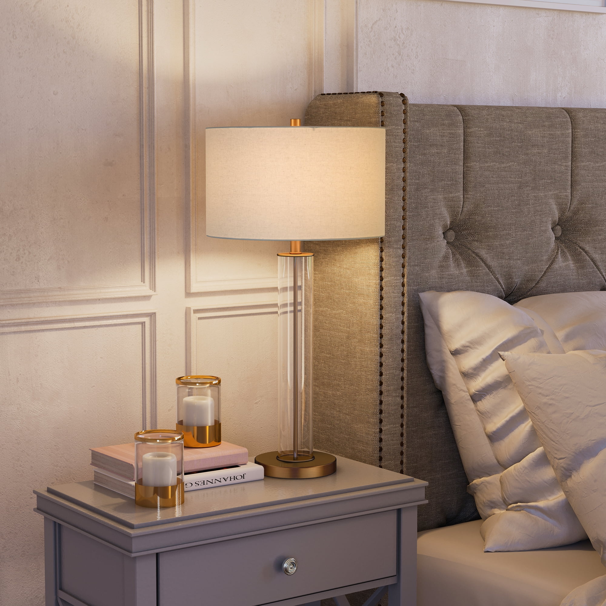 Evelyn&Zoe Traditional Clear Glass Table Lamp with White Drum Linen Shade (29 in) ybzs9