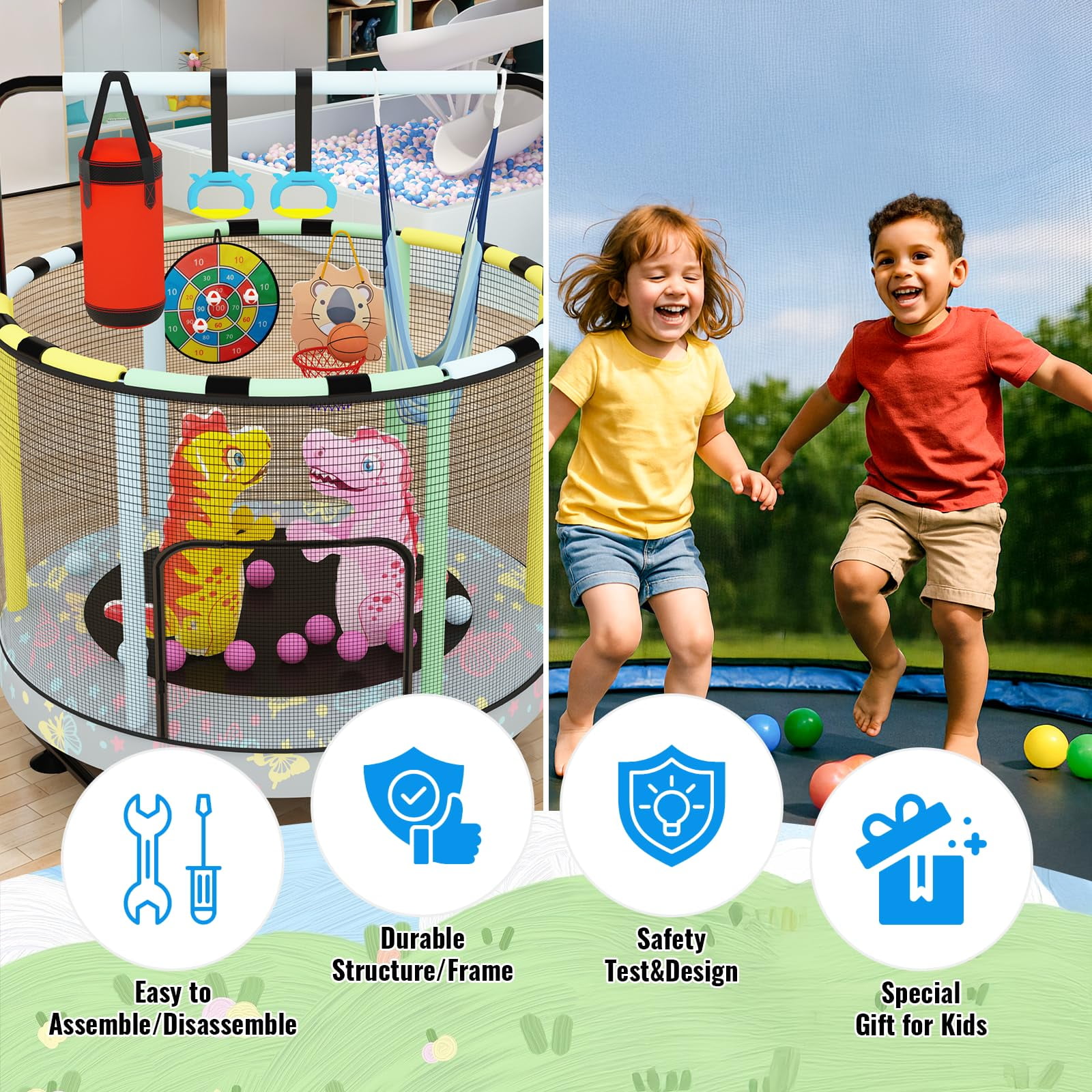 Mooseng Kids Trampoline with Safety Enclosure and Adjustable Handrail, 7-in-1 Activity Center (Yellow, 55 in) chyzk