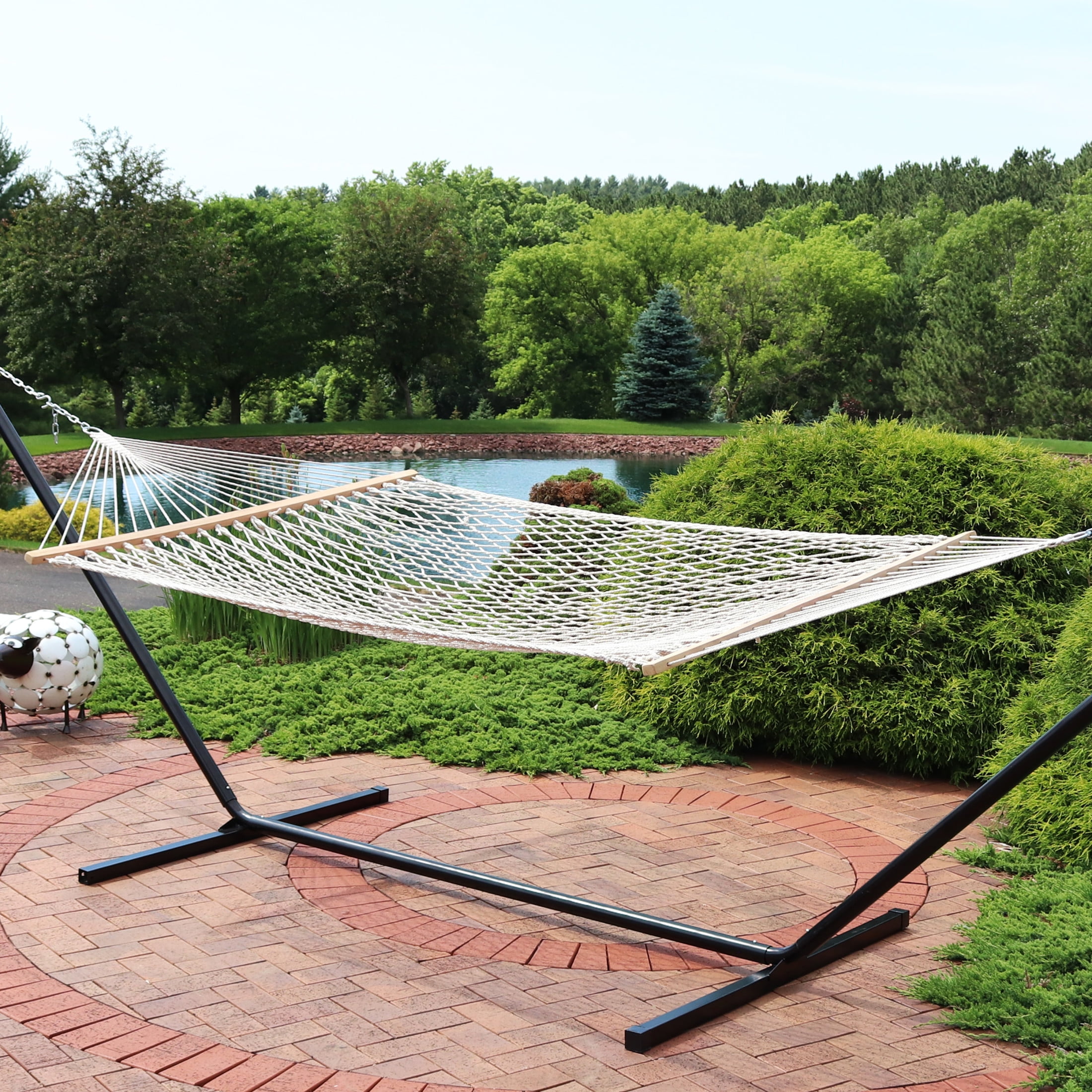 Sunnydaze 2-Person Cotton Rope Spreader Bar Hammock, Heavy-Duty Outdoor Patio Swing (Natural, 74 in x 55 in) 77yke