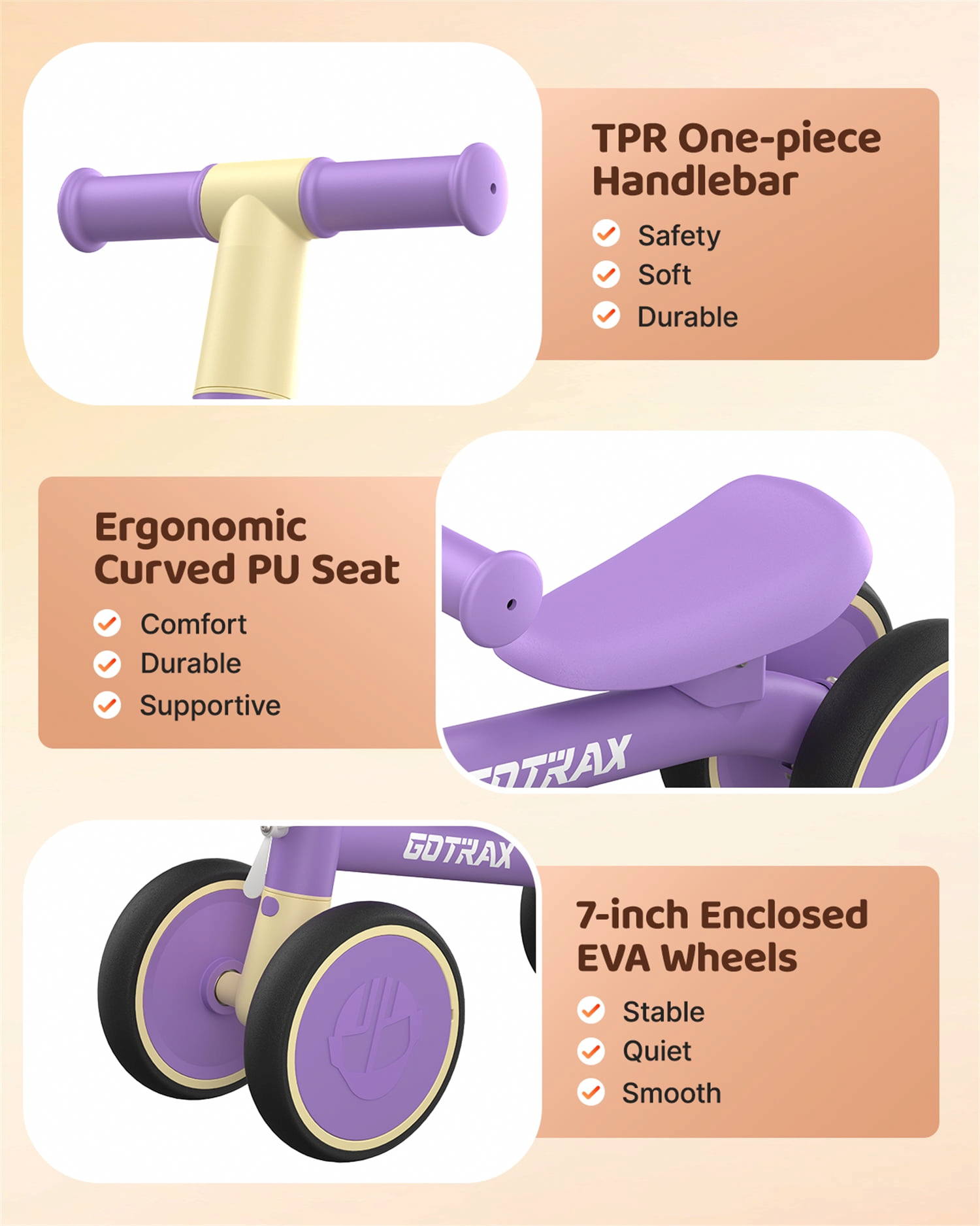 GOTRAX BA1 Baby Balance Bike 4-Wheel Ride-On Toy for Toddlers (Purple, 5.9 lb) rk5bj