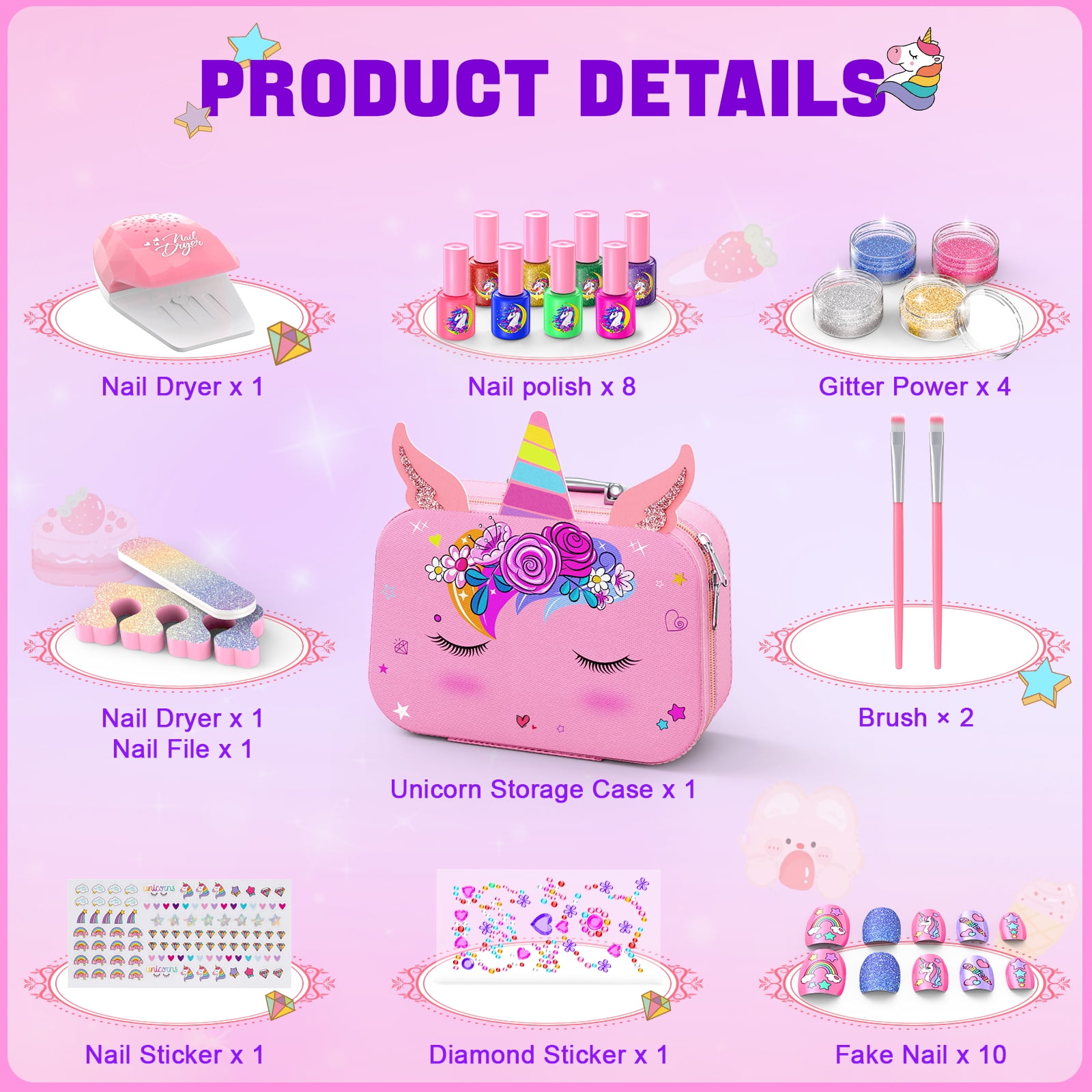 GORISPI Kids Nail Polish Set with Unicorn Storage Case, Peelable Non-Toxic Formula, DIY Nail Art Activity Kit (Pink, 1 Set) t8kj9