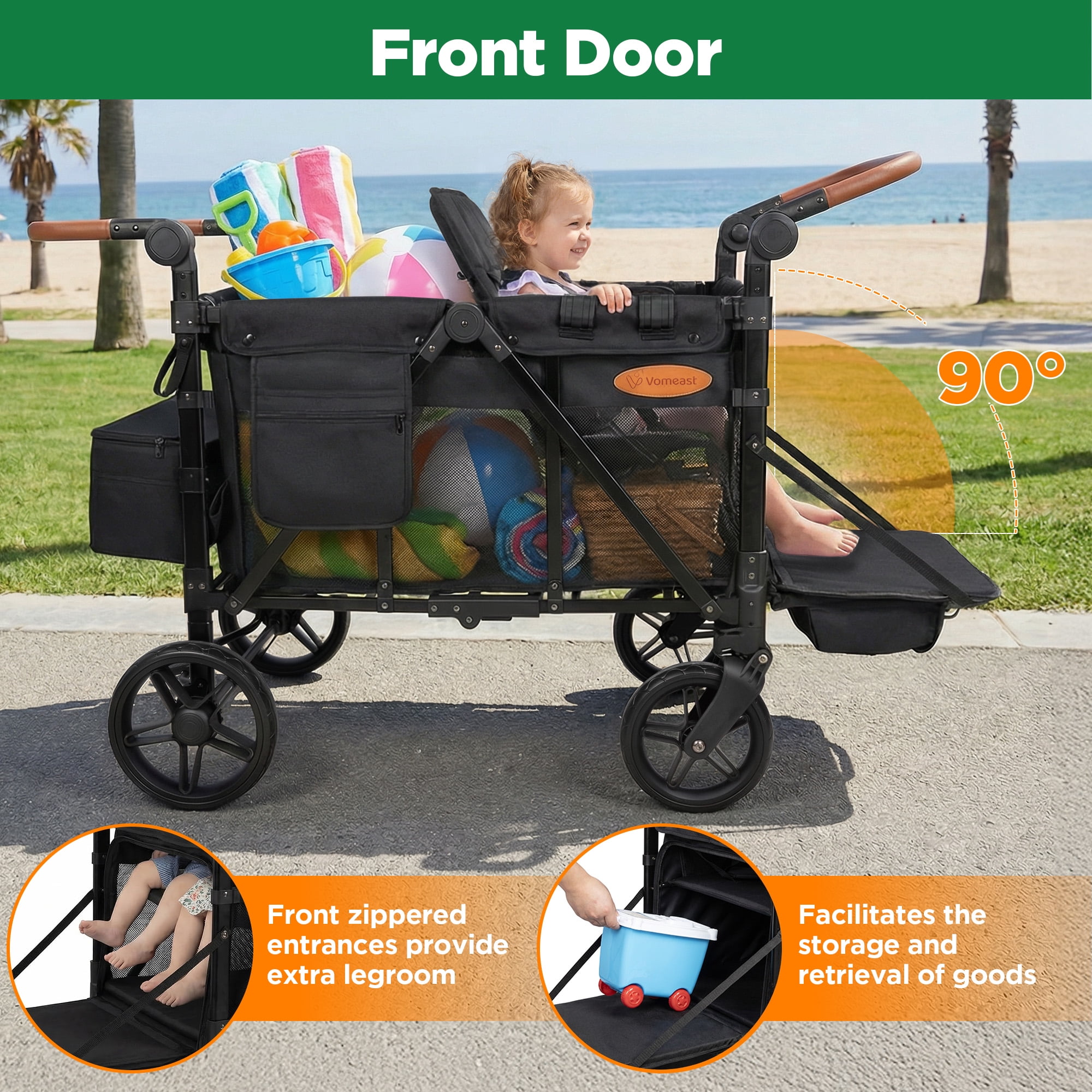 Vomeast 4-Seater Wagon Stroller for Kids, All-Terrain Outdoor Utility Stroller with Canopy and 5-Point Harness (Black, 41.34 x 28.35 x 53.94 in) 1xner