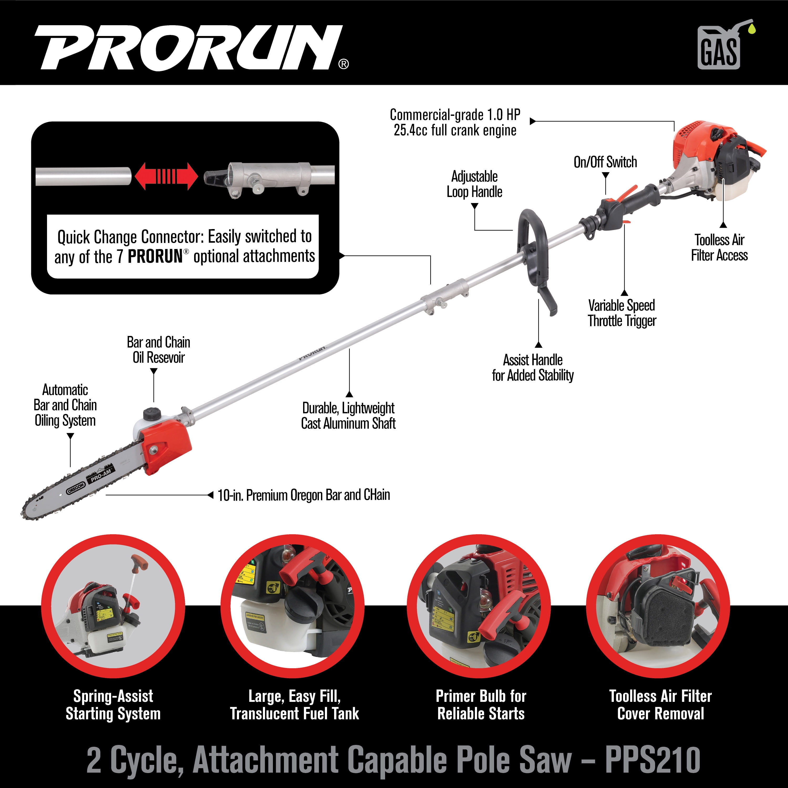 PRORUN 25.4cc Gas-Powered Pole Saw, 2-Cycle Engine, 10-in. Bar (10 ft Reach) oo0ak