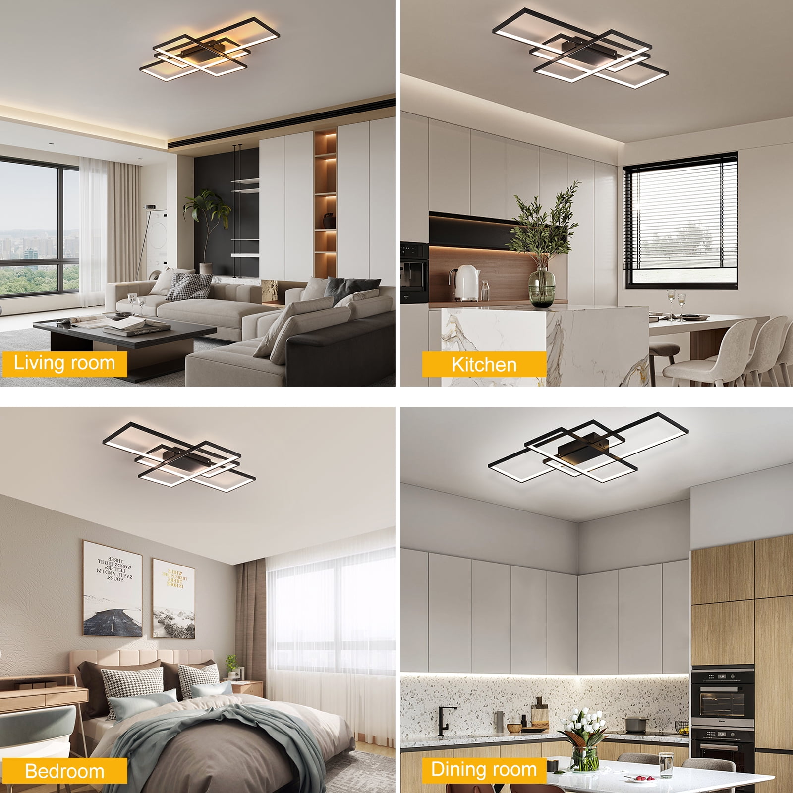 Garwarm 3-Square LED Ceiling Light, Modern Flush Mount Fixture with Remote Control (Black, 35.4 in) 58gf2