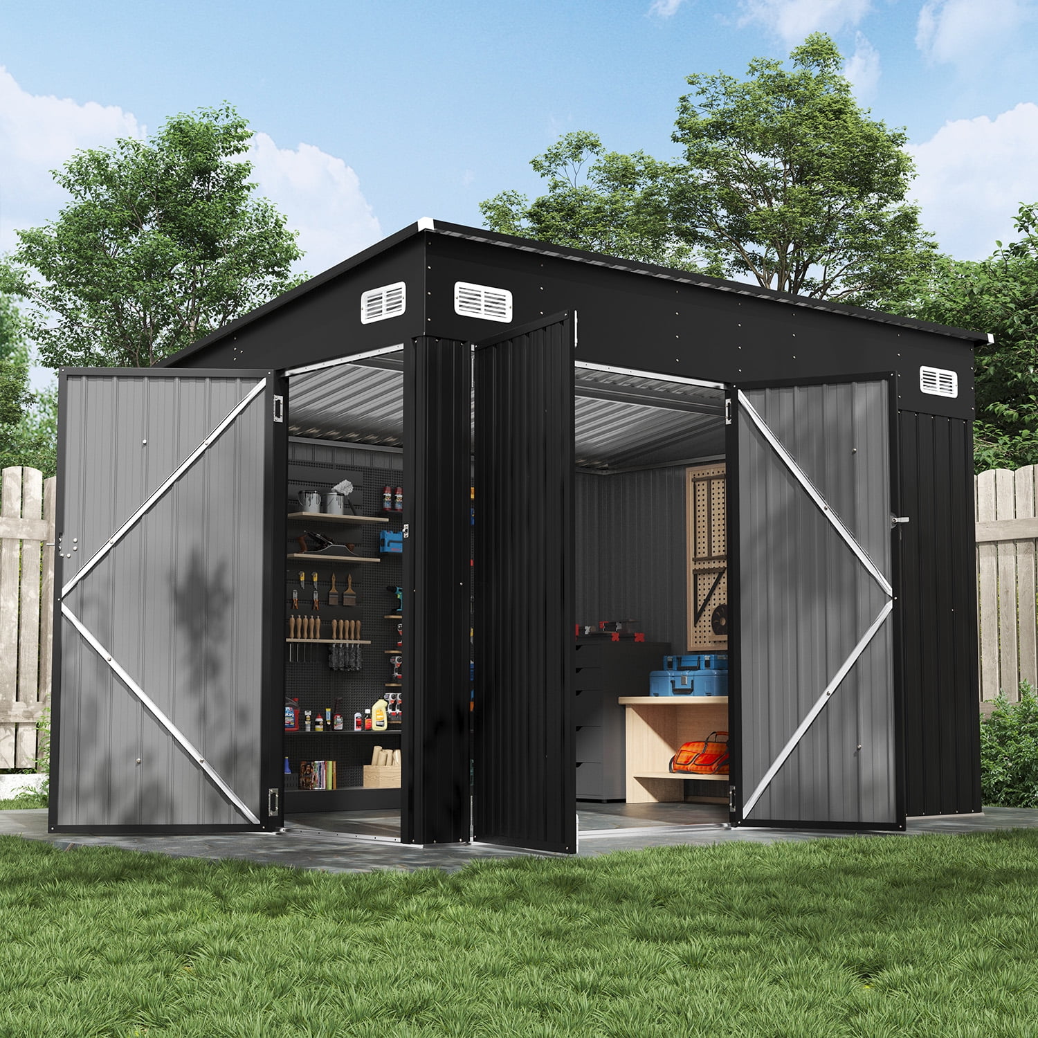 BaPiPro Lean-to Metal Storage Shed, Outdoor Garden Tool Organizer with Triple Lockable Doors and Vents (Black, 10 ft x 8 ft) tlqvs