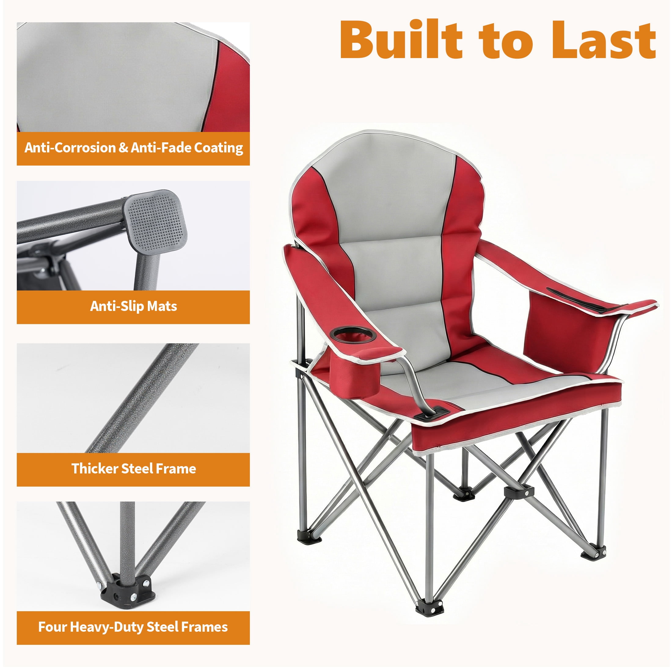 EDX Heavy Duty Camping Chair, Oversized Folding Lawn Chair with Padded High Back and Cup Holder (Red, 500 lb Capacity) rqhyo