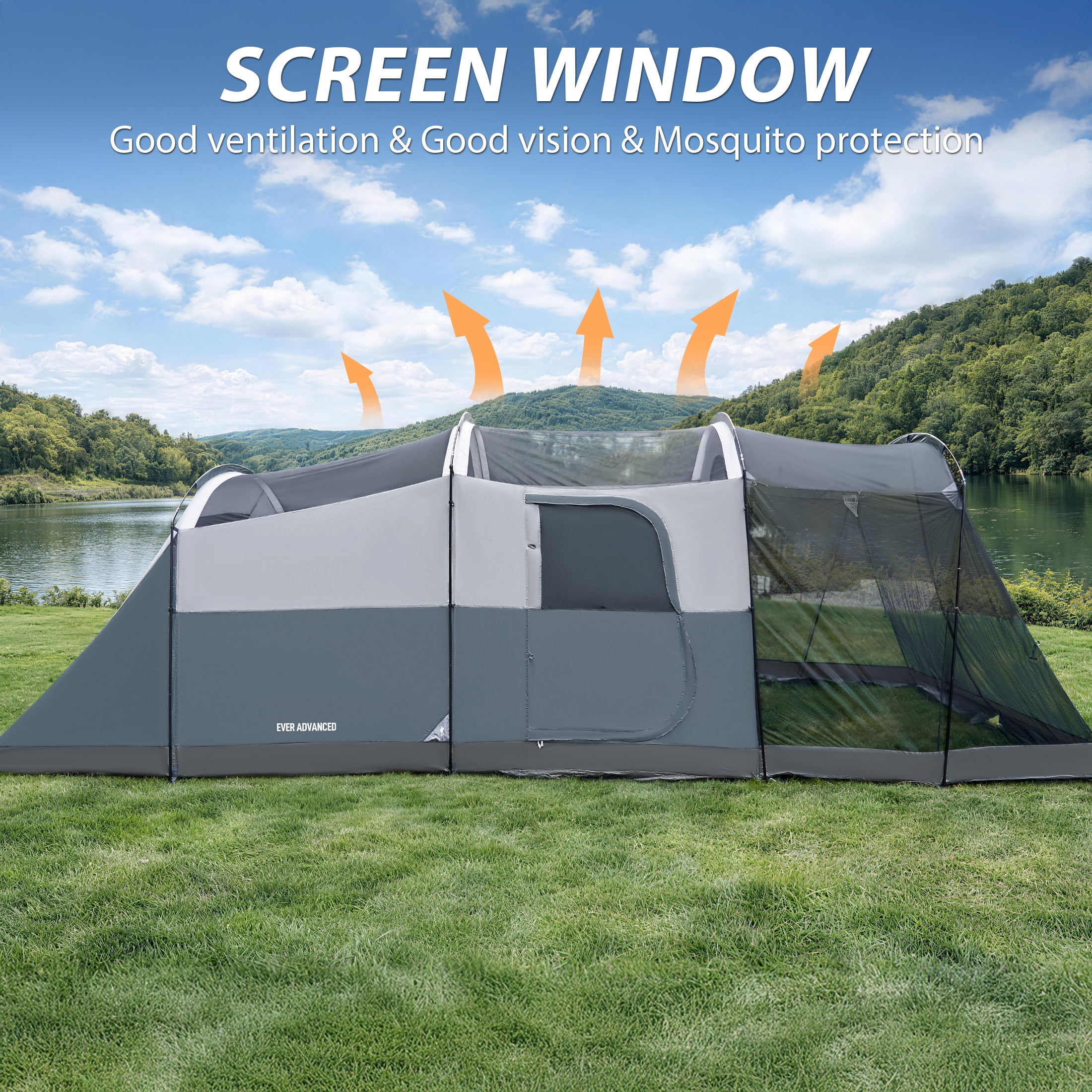 EVER ADVANCED 8 Person Family Camping Tent with Screen Porch and Rainfly (Gray, 20 ft x 8 ft x 6.3 ft) 654mm