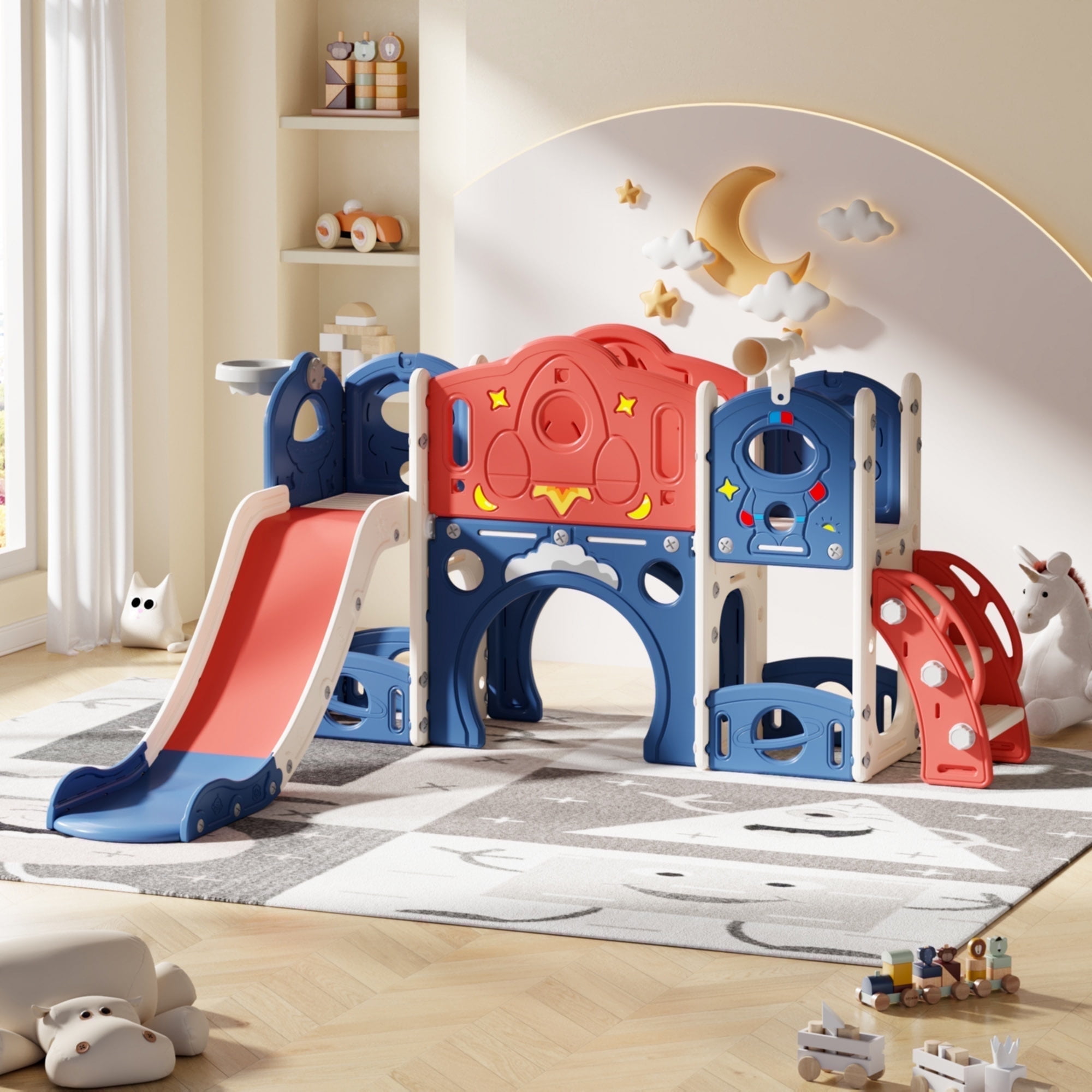 Nyeekoy 7-in-1 Kids Slide and Climber Playset with Basketball Hoop (Blue) nekk4