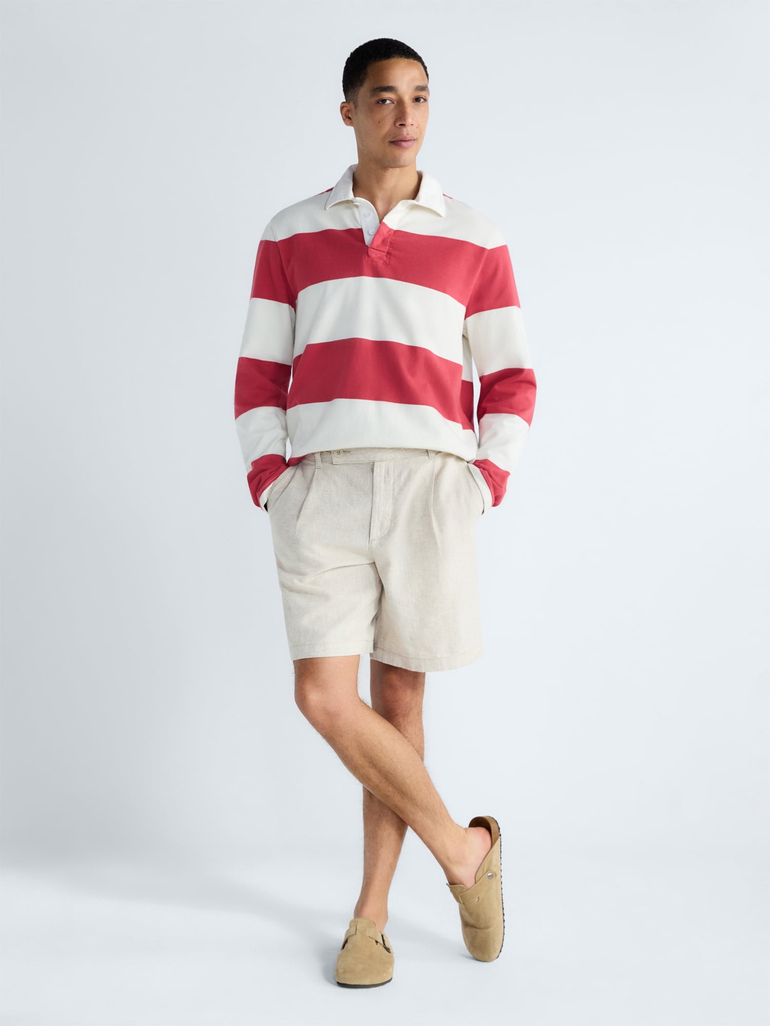 Free Assembly Men's Striped Cotton Rugby Shirt Long Sleeve Casual Pullover (Red, S) jk9hv