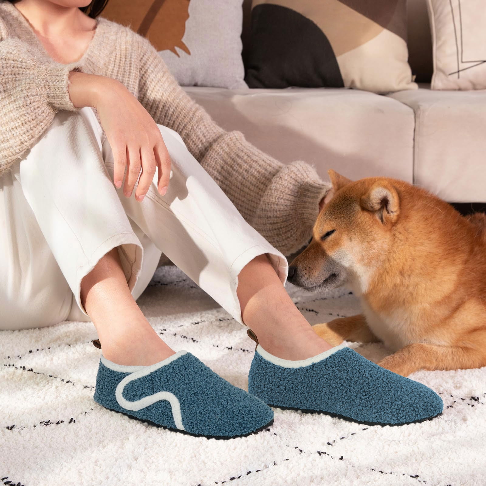 Ecetana Women's Fuzzy House Slippers Adjustable Hook and Loop Warm Indoor Shoes (Blue, Medium) nxybi