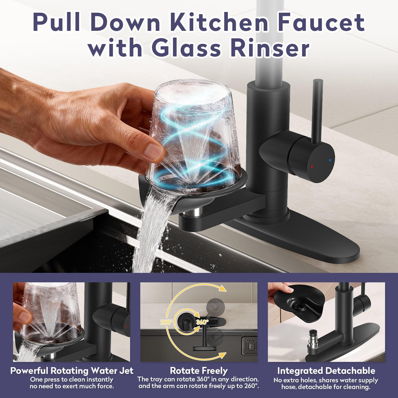 KAIYING Pull Down Kitchen Faucet with Sprayer and Integrated Glass Rinser (Matte Black, 14.96 in Hose) ja0w0