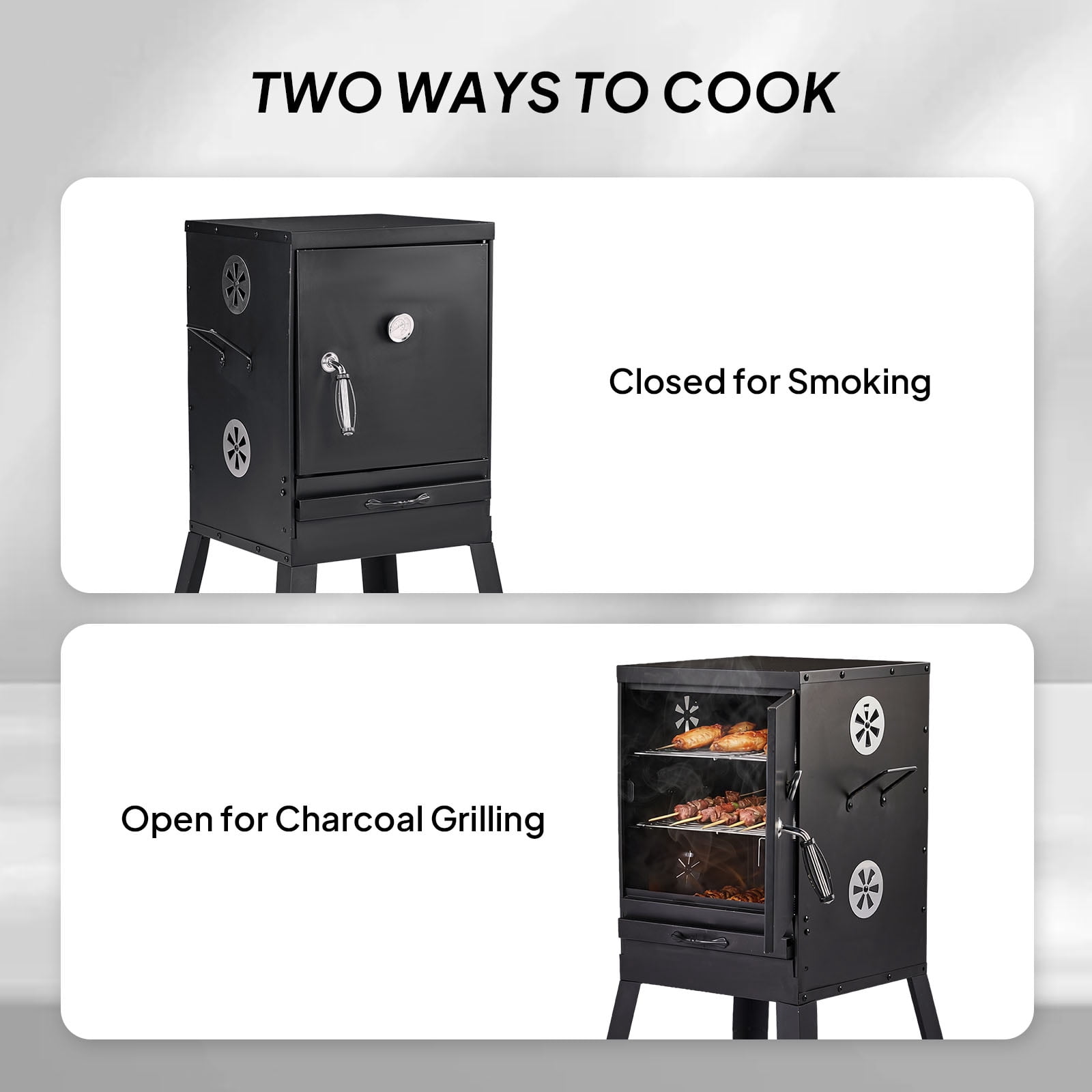 BIBIVIS Portable Vertical Charcoal Smoker Grill with Thermometer and Dual Racks (Black, 31.5 in Height) 3ywyk