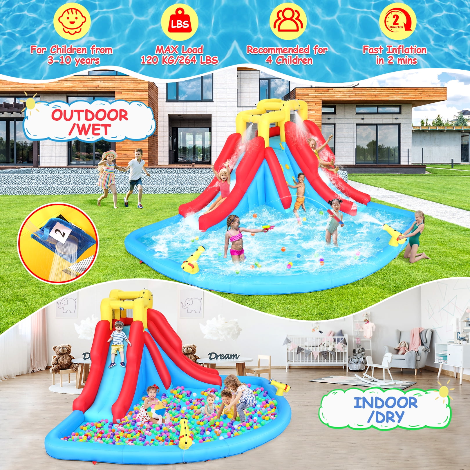 Veeboto Inflatable Water Slide Park with 440W Blower, Climbing Wall, Double Slides, and Splash Pool (Multicolor, 174 in x 152 in x 90 in) eocpf