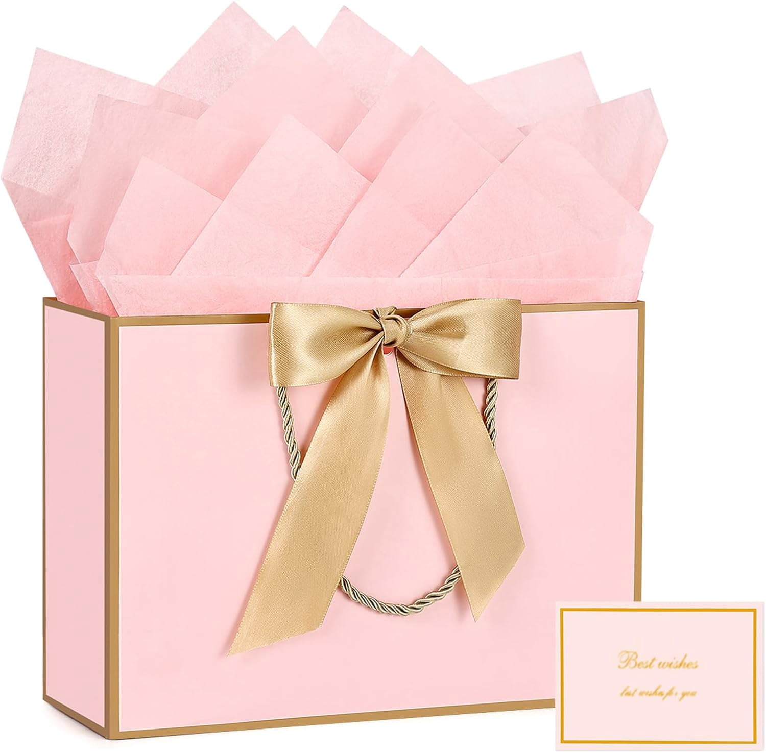 AUCLAY Large Gift Bags with Handles, Tissue Paper and Greeting Cards (Pink with Gold Trim, 3 Pack, 12.6 in) ylzpf