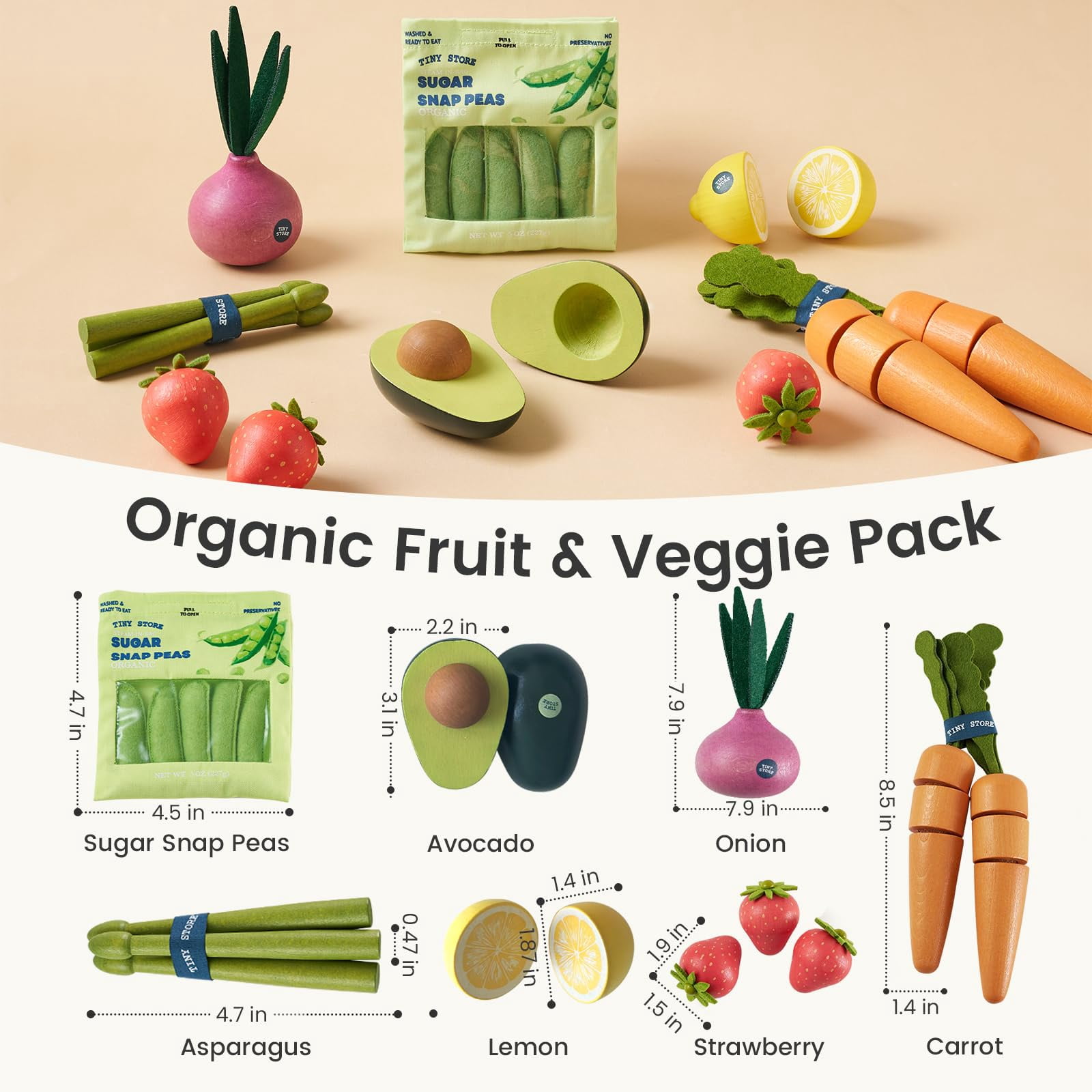 Tiny Land Wooden Fruit & Vegetable Play Set, Pretend Play Kitchen Food Toys for Toddlers (Multi-Color, 15-Piece Set) 64guy