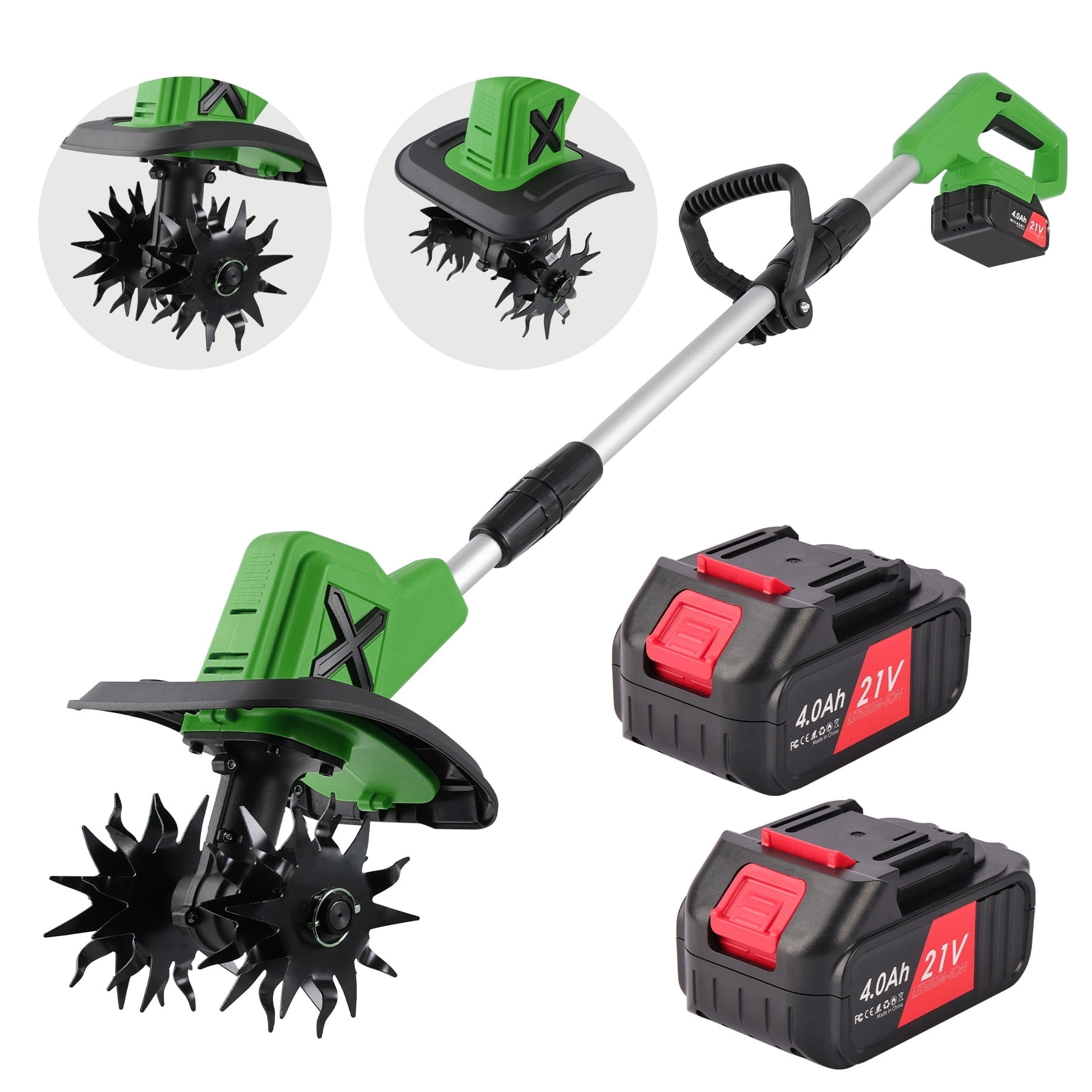 HUSGW 21V Cordless Electric Garden Tiller Cultivator (9 in Tilling Width, 2 Batteries) 85036