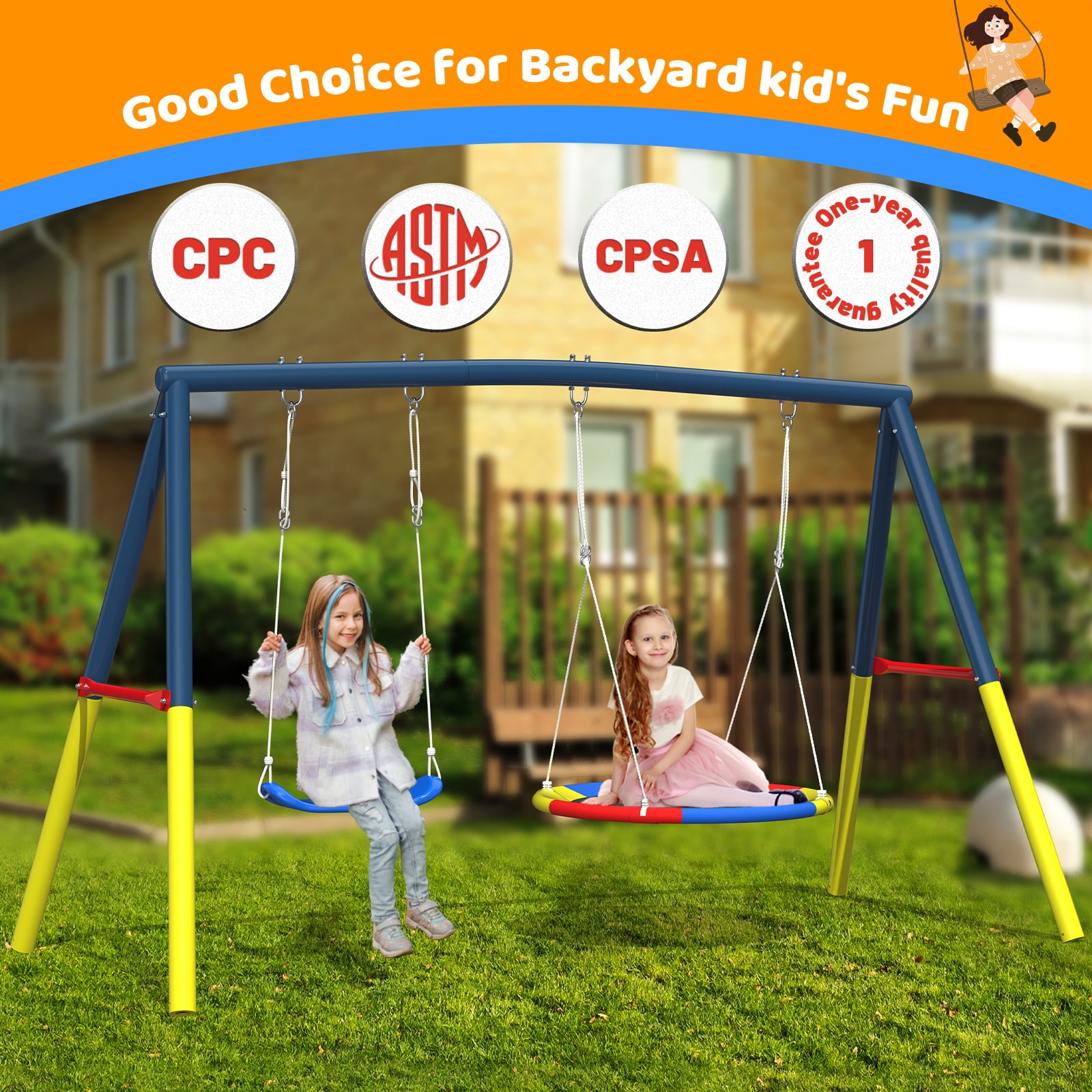 Mersco 2-in-1 Outdoor Swing Set with Heavy-Duty Metal Stand (Blue, 440 lb Capacity) ur5kq