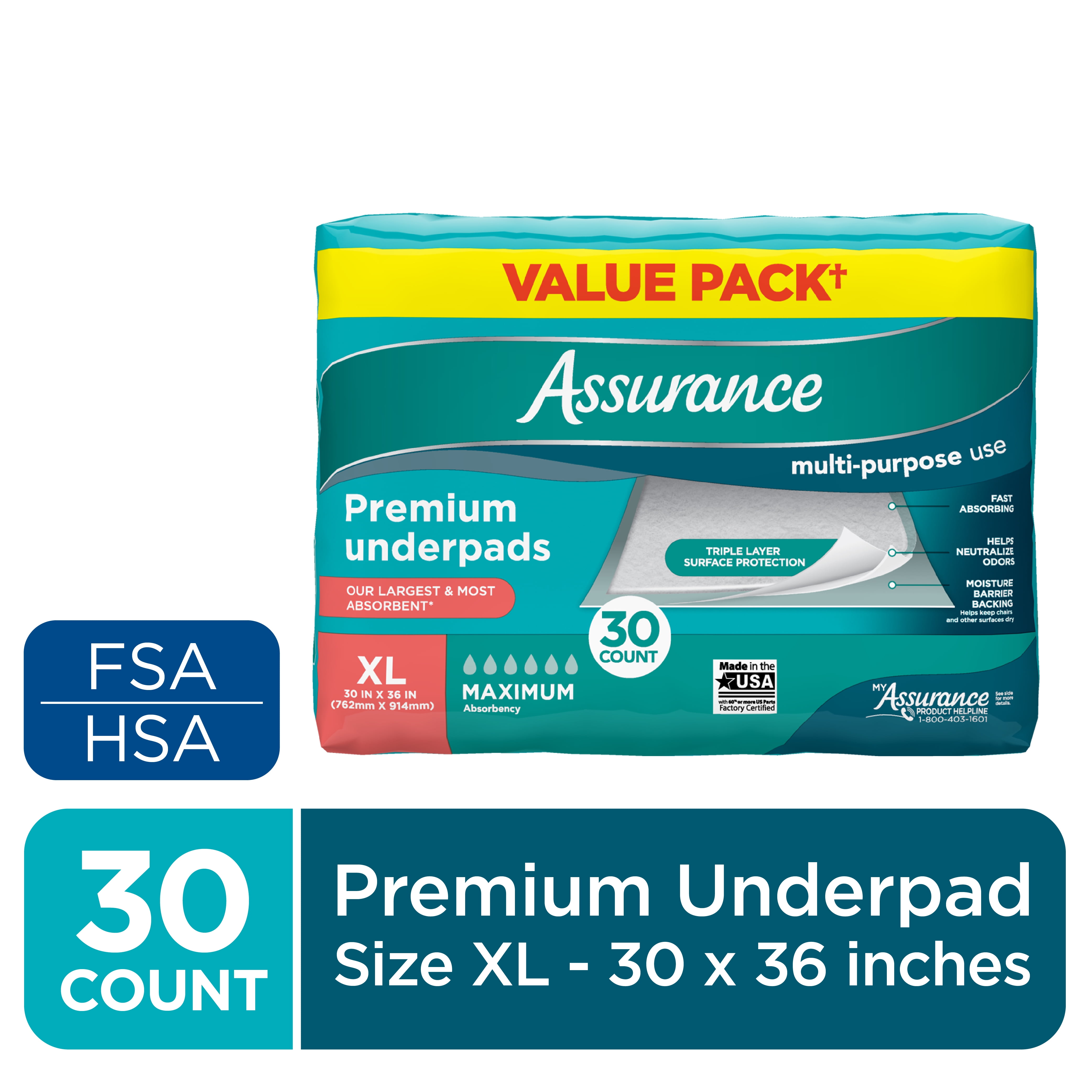 Assurance Premium Underpads for Adults, Maximum Absorbency, Leak-Proof Protection (XL, 30 Count) mqfx1