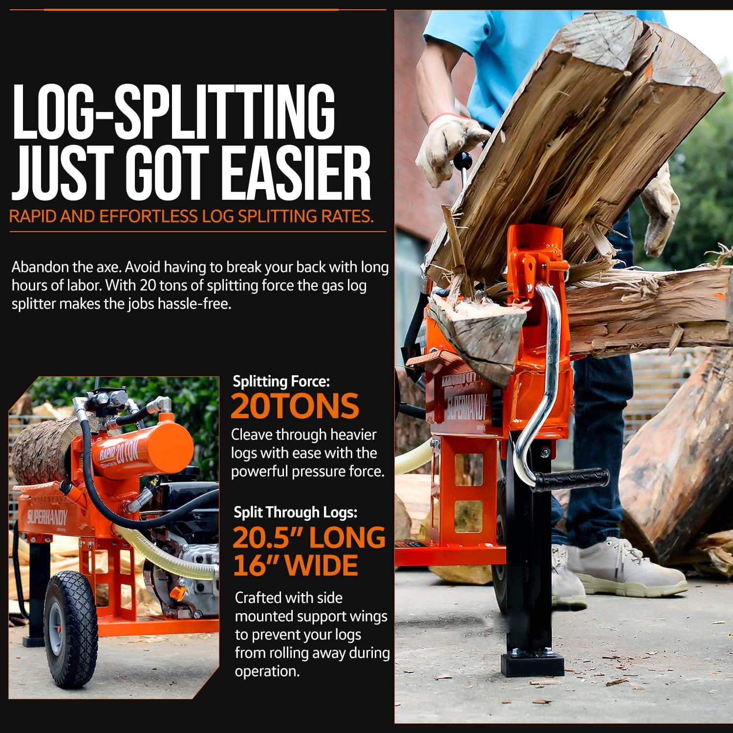 SuperHandy Gas Log Splitter (20 Ton, 7HP 212CC Engine, 16 in Diameter Capacity) m9sbe