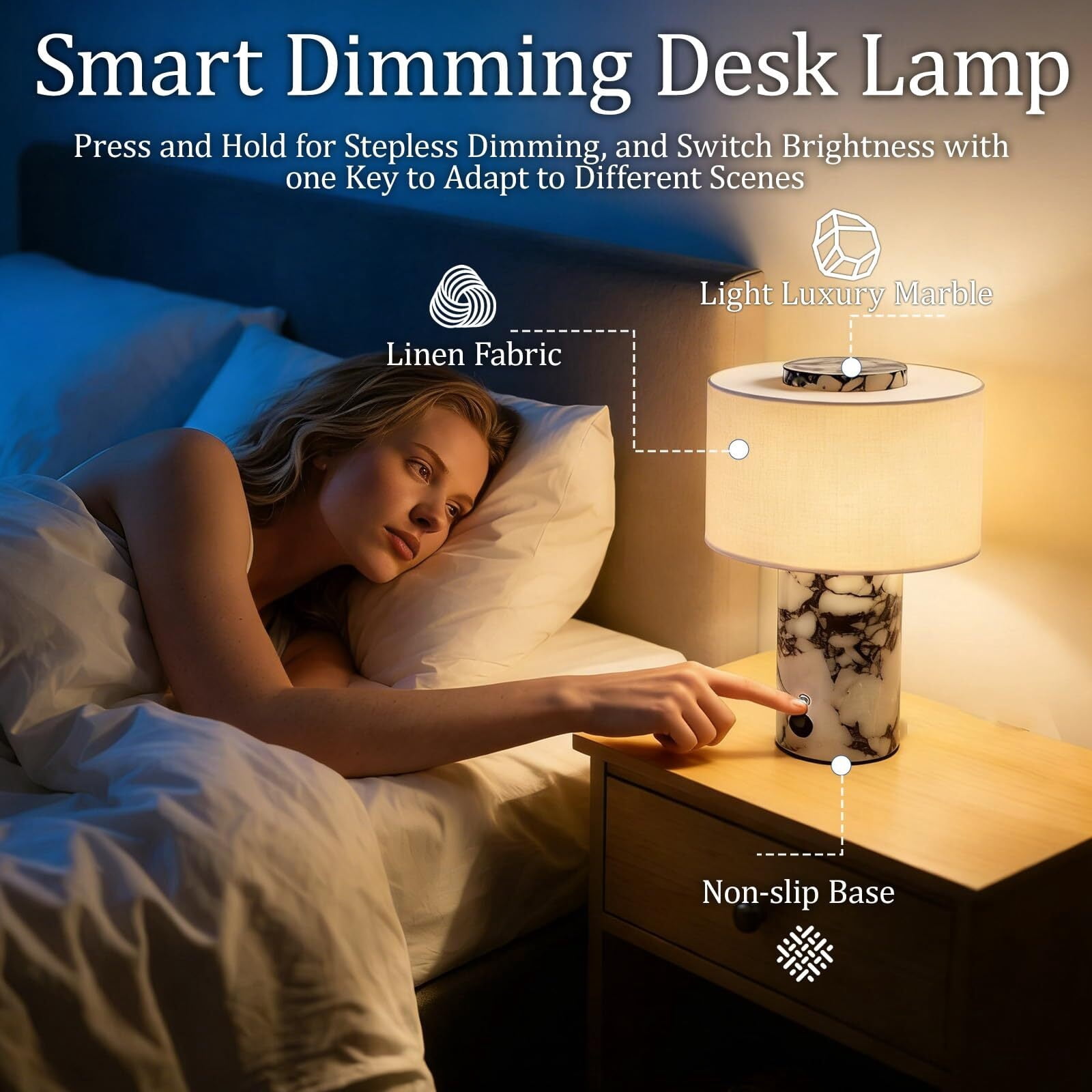 Generic Marble Table Lamp Rechargeable LED Nightstand Light with USB Port (White, 7 in x 10 in) jd5a4
