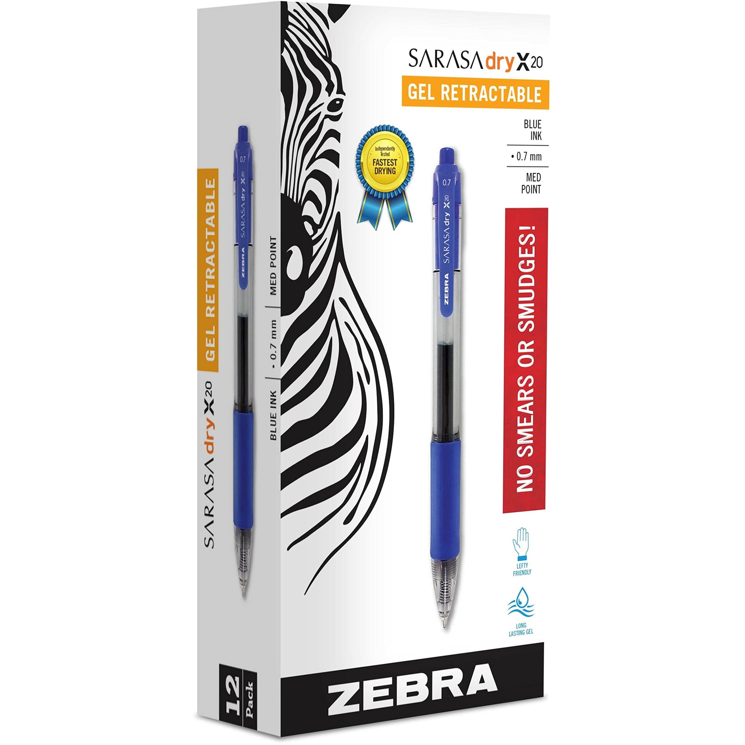 Zebra Sarasa Dry X20 Retractable Gel Ink Pen, Rapid Dry Ink, Medium Point (Blue, 12-Count) sz2x3
